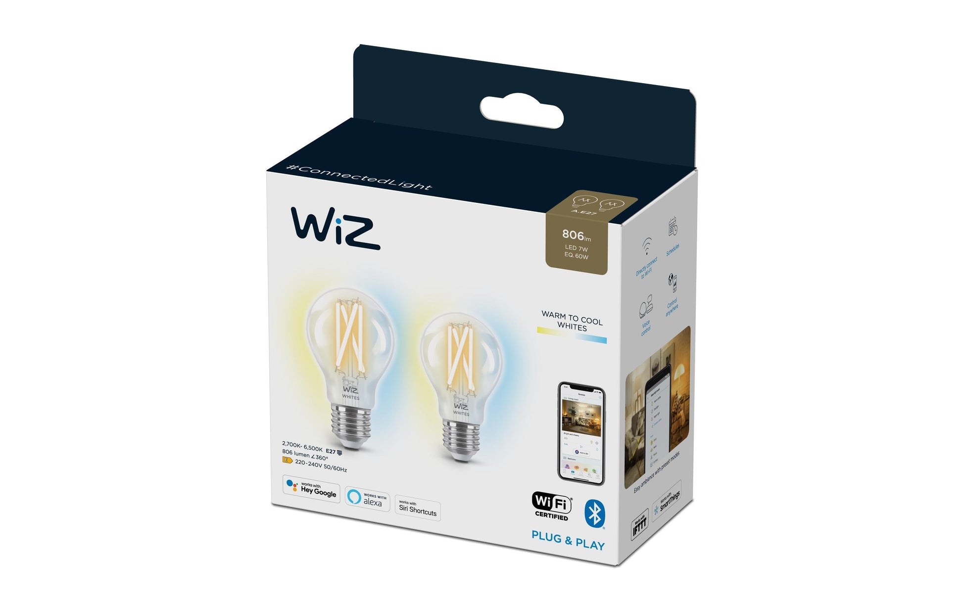 WiZ Smart-Leuchtmittel E27 A60 – 2700–6500 K, 806 lm, 7 W, WLAN/Bluetooth – für SmartThings – 2 Stk.