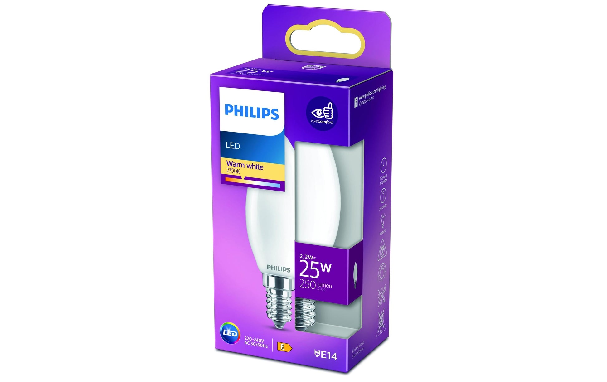 Philips by Signify Philips LED-Leuchtmittel E14 B35 – 250 lm, 2,2 W, Warmweiss 2700 K – Matt, 1 Stk.
