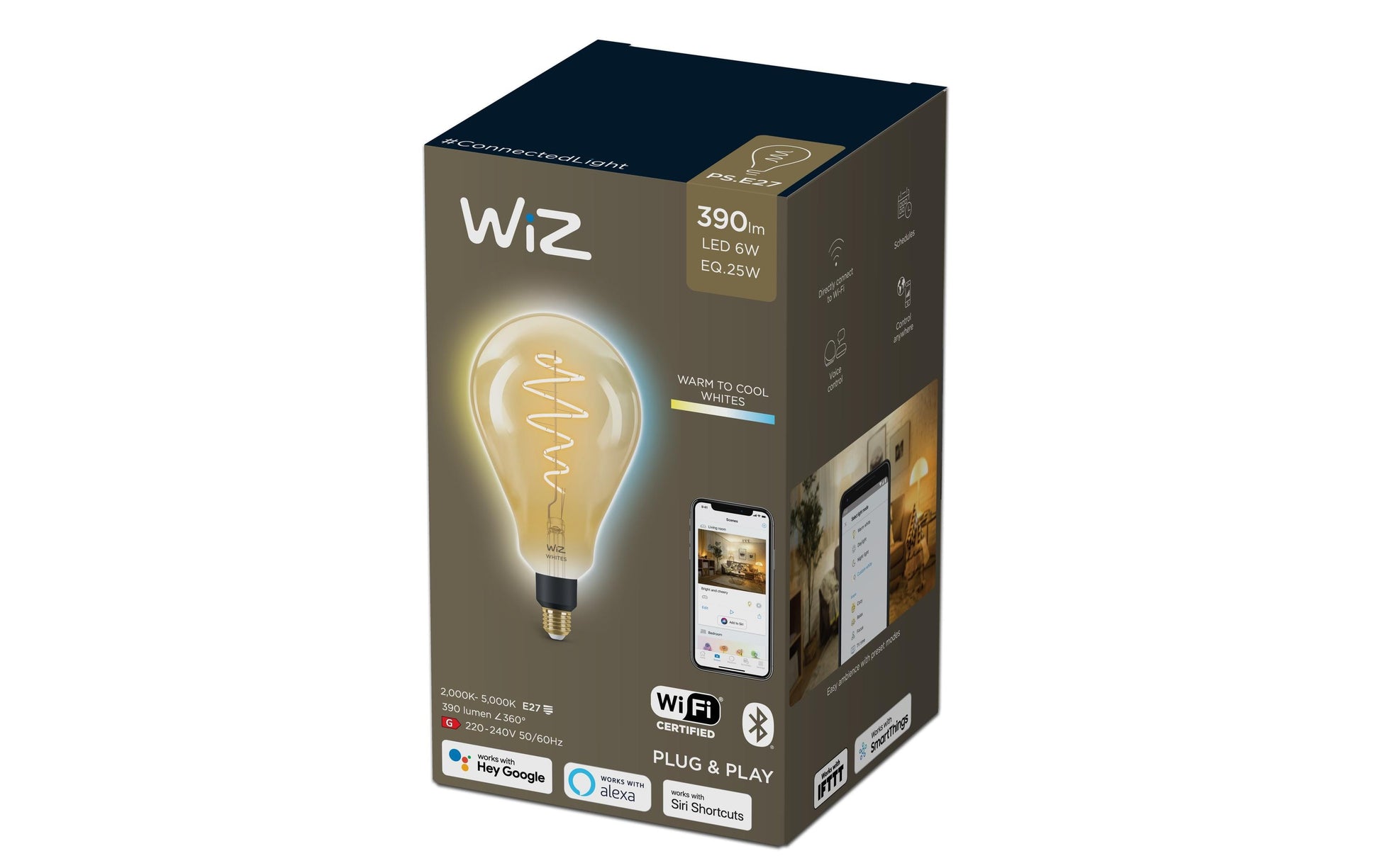 WiZ LED-Leuchtmittel PS160 – WLAN, Matt, Amazon Alexa, dimmbar – 2000–5000 K – 390 lm 6 W E27 IP20 – Gold Glänzend