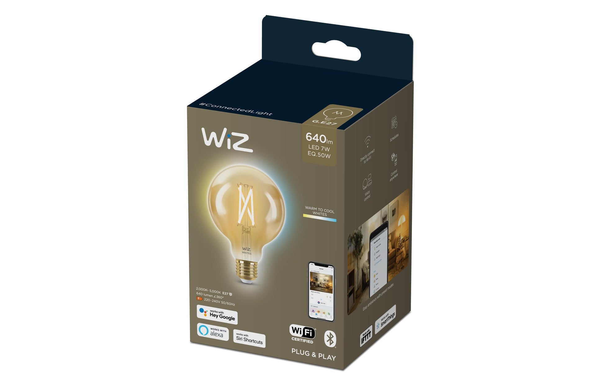WiZ Smart-Leuchtmittel E27 G95 – 2000–5000 K, 640 lm, 7 W, WLAN/Bluetooth – 1 Stk.