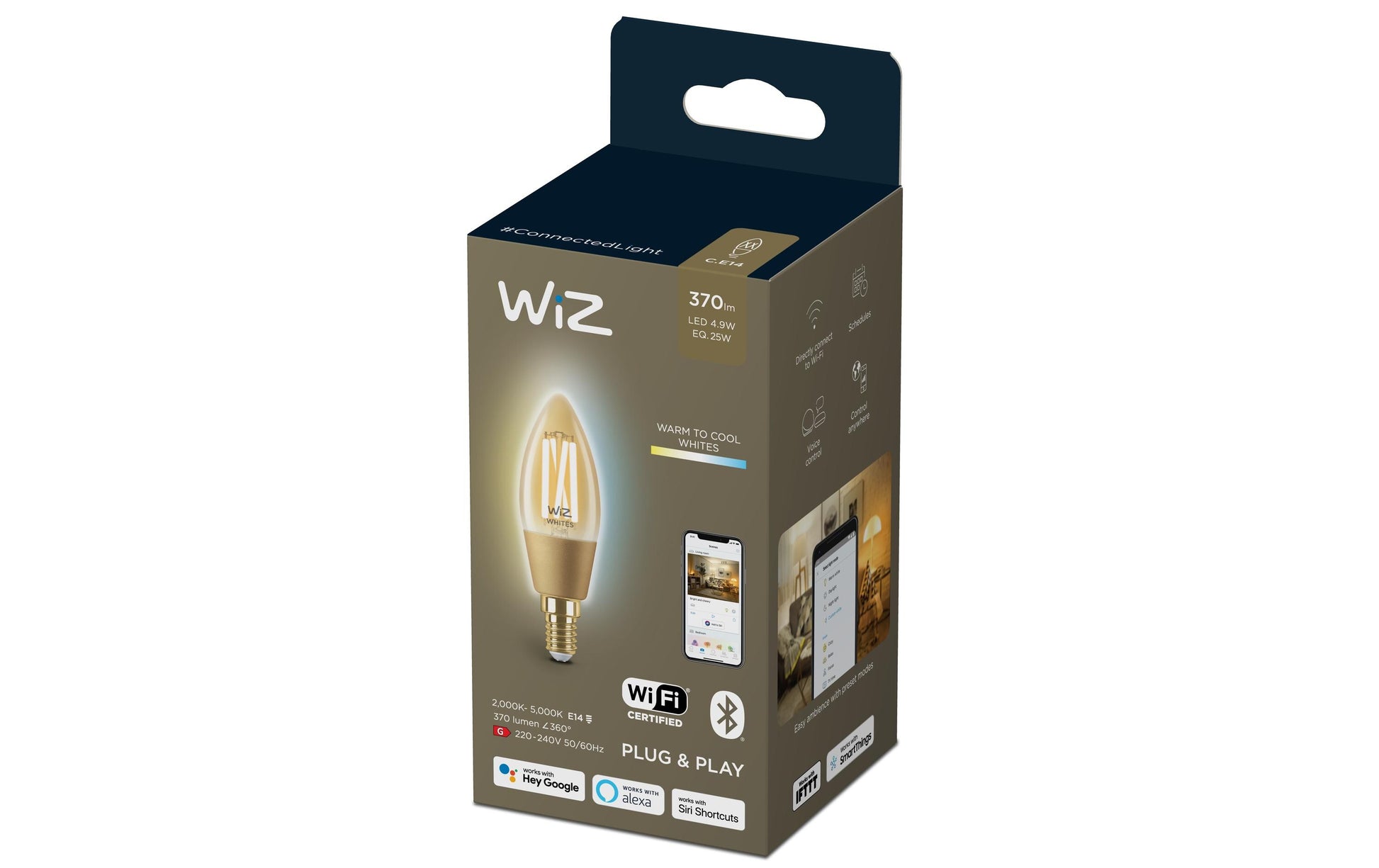 WiZ Smart-Leuchtmittel E14 C35 – Einstellbares Weiss 2000–5000 K, 370 lm, 4,9 W, WLAN/Bluetooth – 1 Stk. – Bernstein