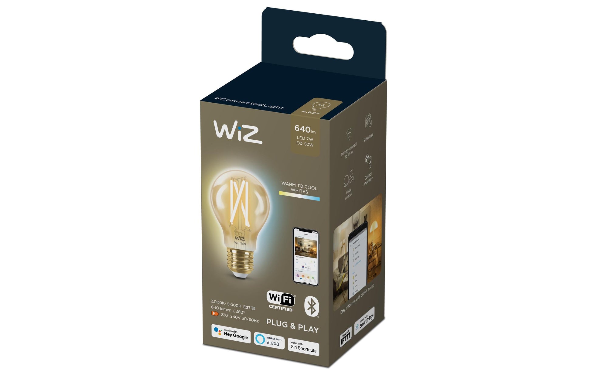WiZ Smart-Leuchtmittel E27 A60 – Einstellbares Weiss 2000–5000 K, 640 lm, 7 W, WLAN/Bluetooth, Matter – 1 Stk.