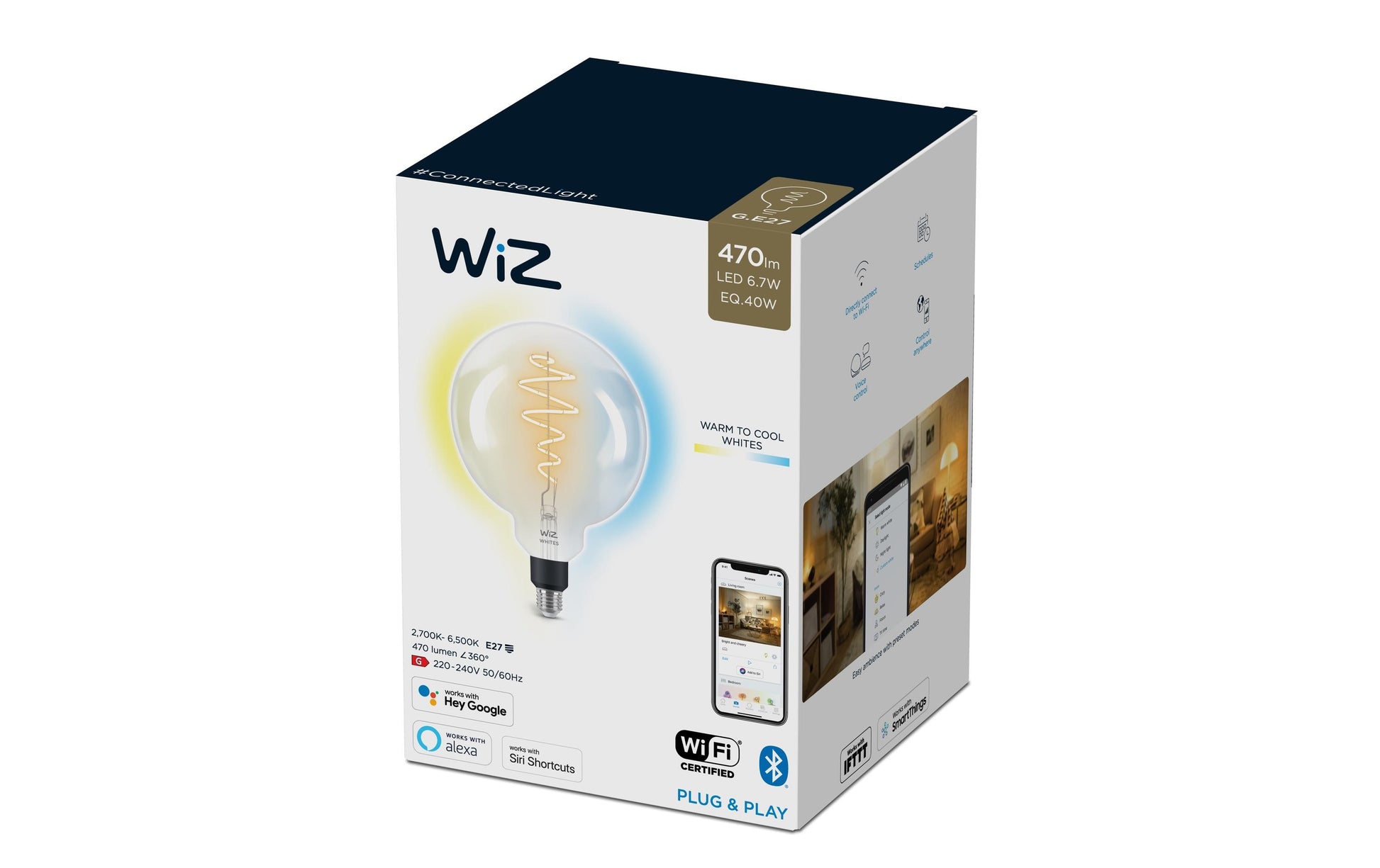 WiZ LED-Leuchtmittel G200 E27 – 6,7 W dimmbar, 470 lm, 2700–6500 K, für Matter und WLAN, klar