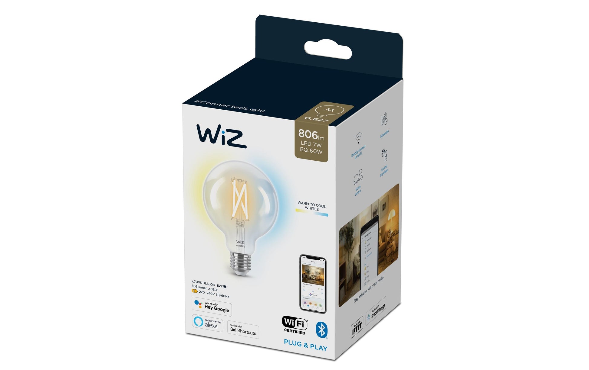 WiZ Smart-Leuchtmittel E27 G95 – 2700–6500 K, 806 lm, 7 W, WLAN/Bluetooth – 1 Stk., Transparent