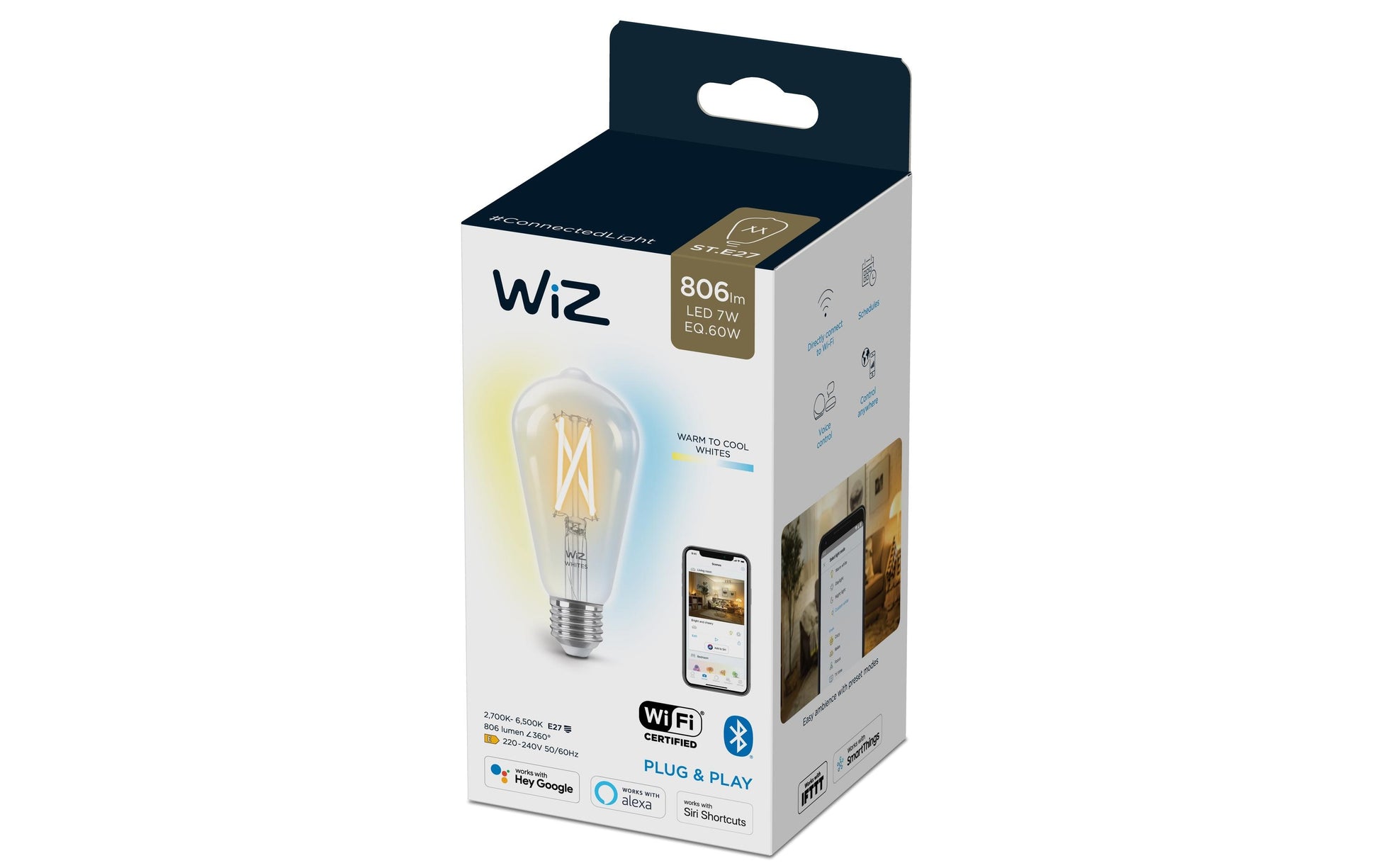 WiZ Smart-Leuchtmittel E27 ST64 – Einstellbares Weiss 2700–6500 K, 806 lm, 7 W, WLAN/Bluetooth, Matter – 1 Stk.