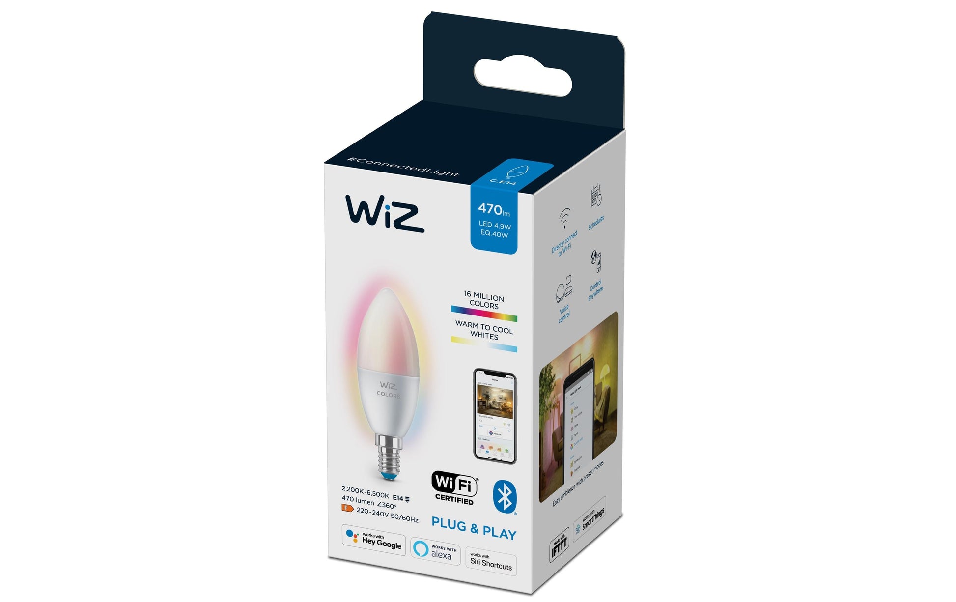 WiZ Smart-Leuchtmittel B35 – E14 C37, 470 lm, 4,9 W, 2200–6500 K, dimmbar, WiFi, für WiZ, weiss