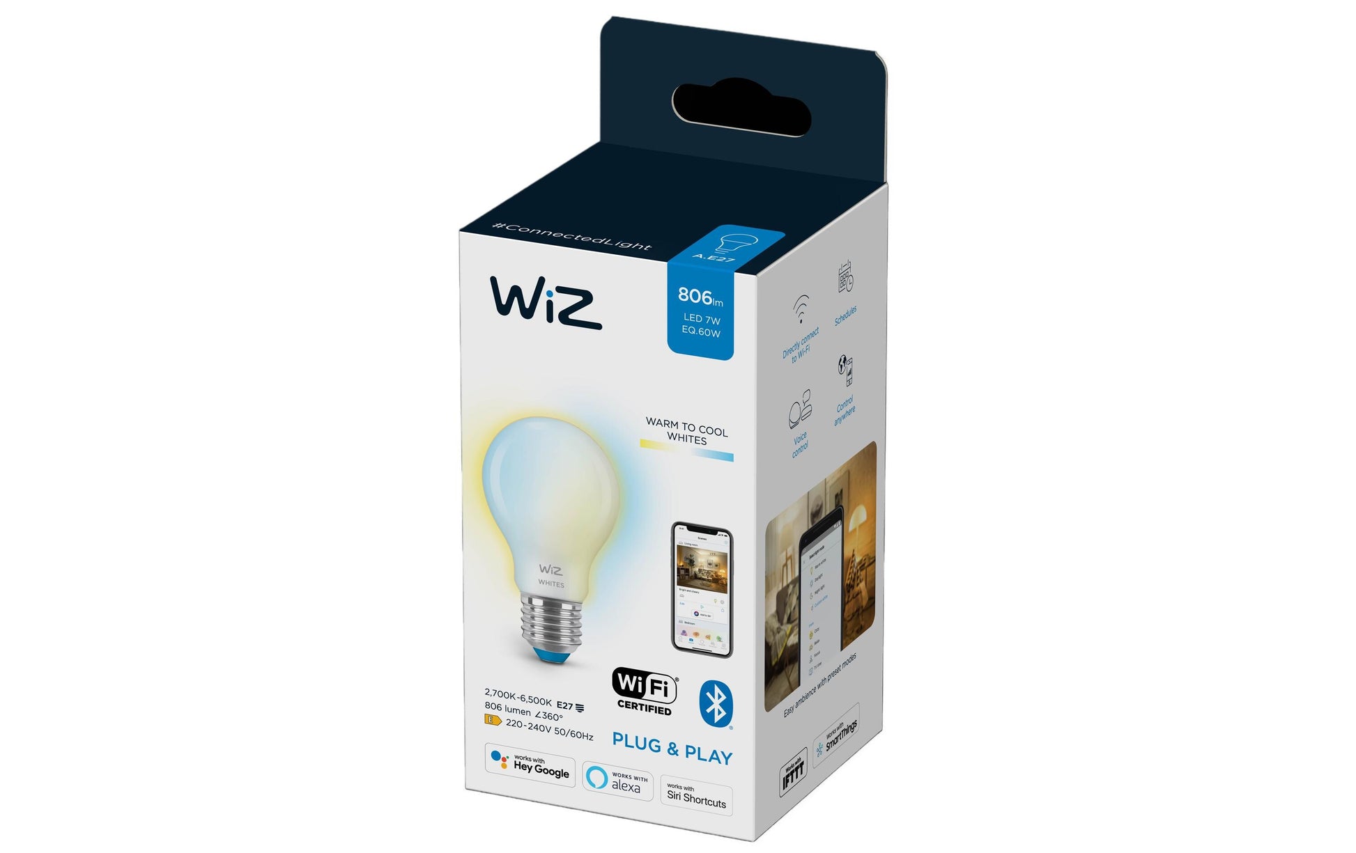 WiZ Smart-Leuchtmittel E27 – 806 lm, 2700–6500 K, WLAN/App, dimmbar – Weiss