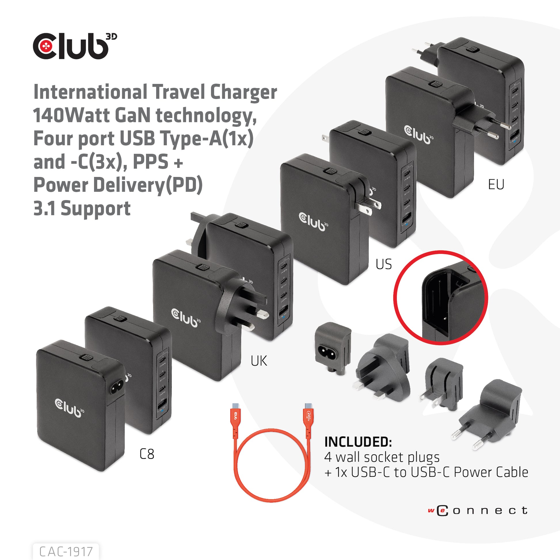 CLUB3D CAC-1917 USB-Desktop-Ladegerät 140 W – USB-C×3, USB-A×1 – PD, GaN