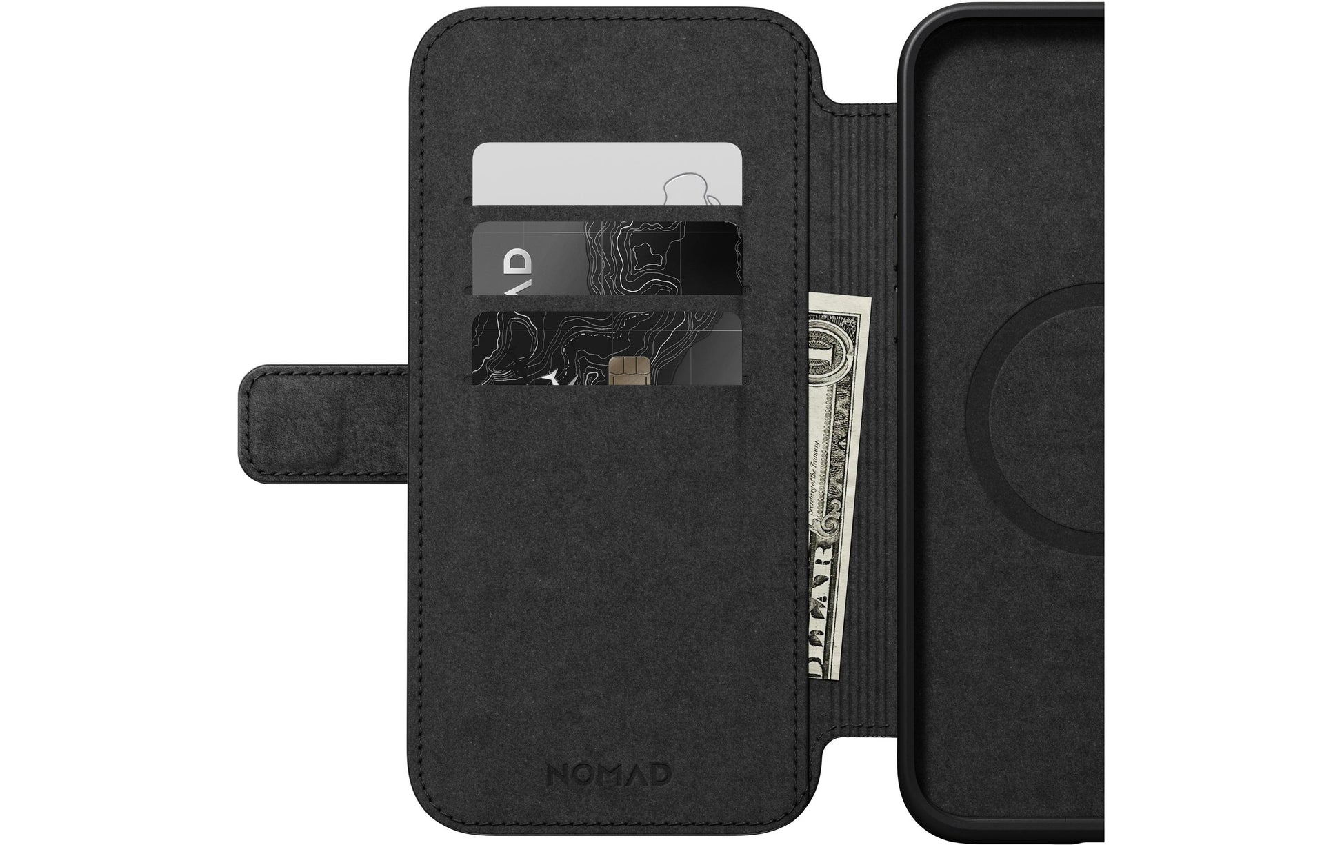 Nomad Moderne Wallethülle – für Apple iPhone 15 Plus, 3 Kartenfächer, Leder, Schwarz, bis 2,4 m sturzsicher