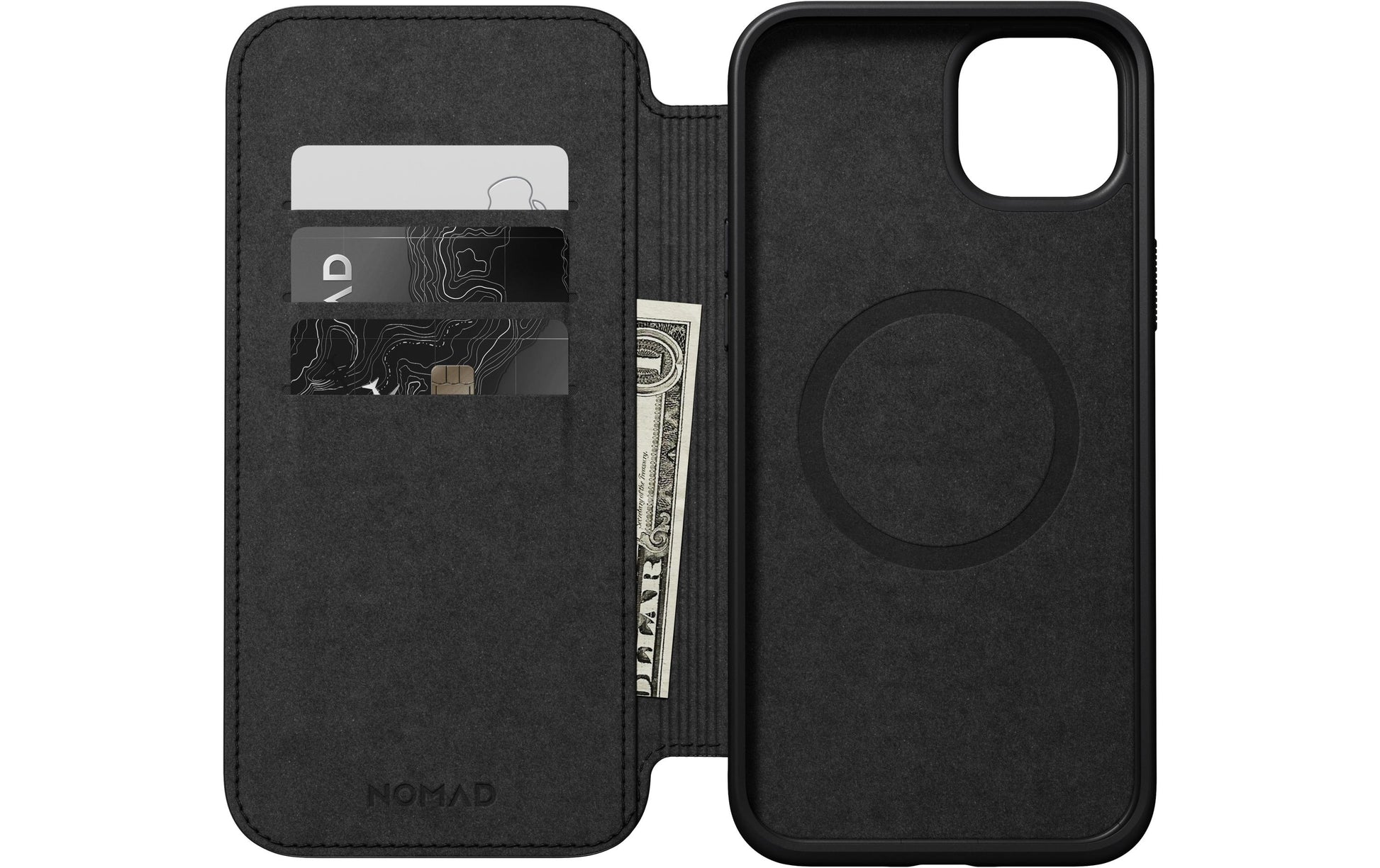 Nomad Moderne Wallethülle – für Apple iPhone 15 Plus, 3 Kartenfächer, Leder, Schwarz, bis 2,4 m sturzsicher