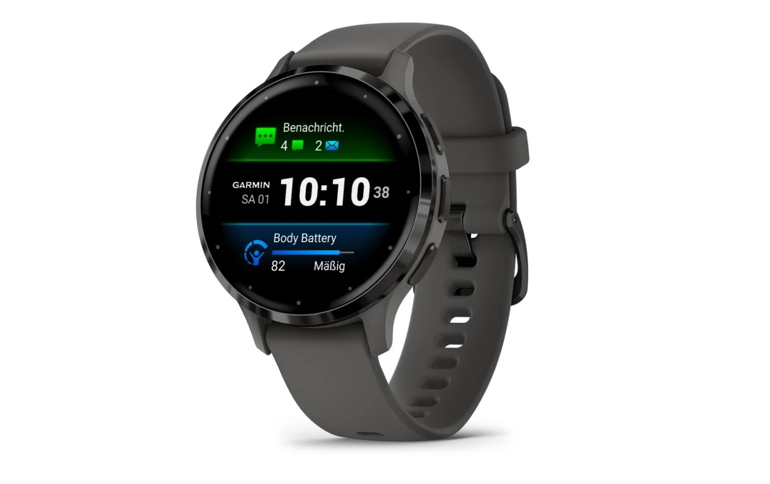 Garmin Venu 3S – Smartwatch – 41 mm, 1,2", GPS, AMOLED, Gorilla Glass, 50 m, Kieselgrau/Schwarz, Sportarmband
