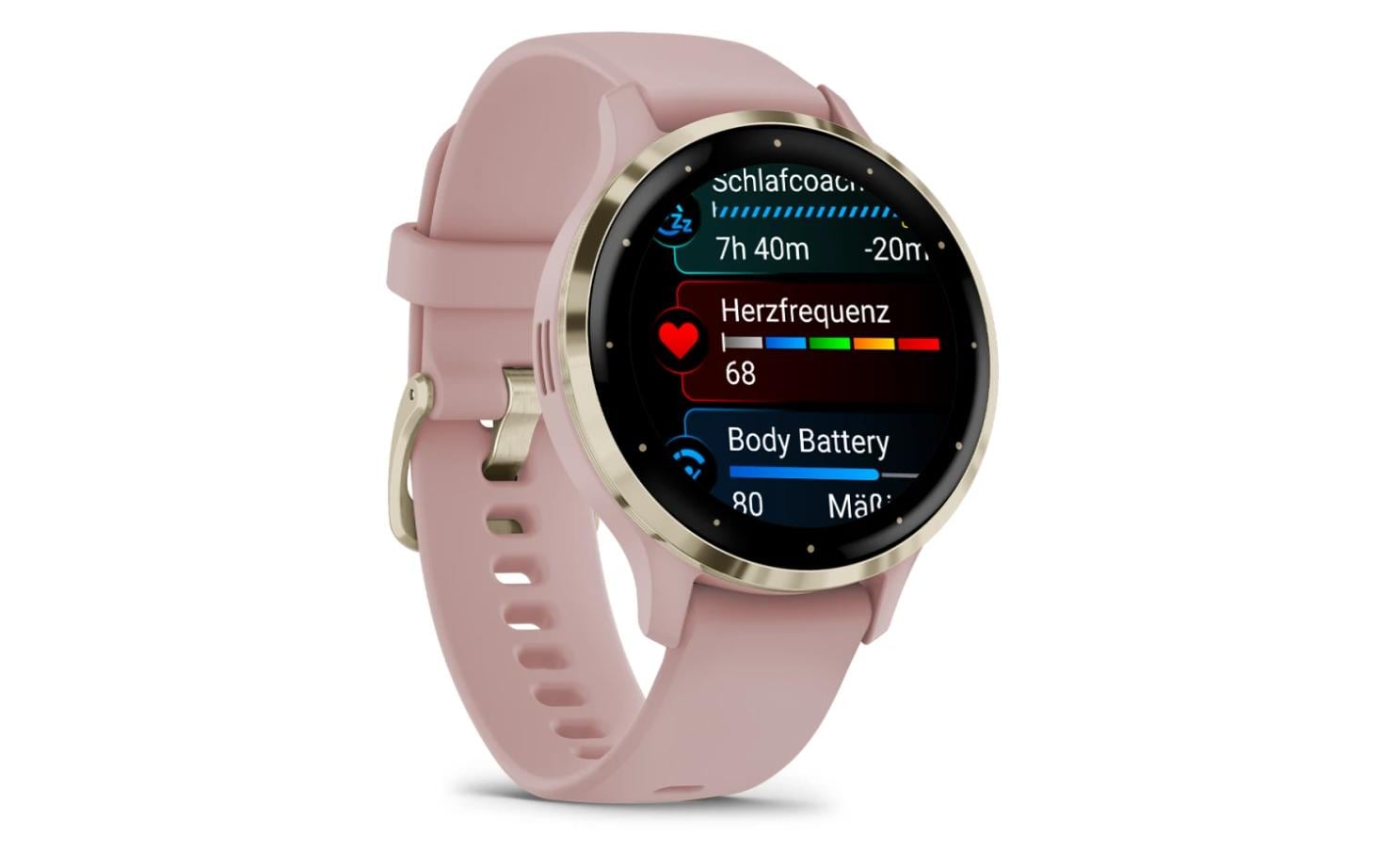 Garmin Venu 3S – Smartwatch – 41 mm, 1,2", GPS, WLAN, AMOLED, Gorilla Glass, 50 m, Hellrosa/Gold, Sportarmband