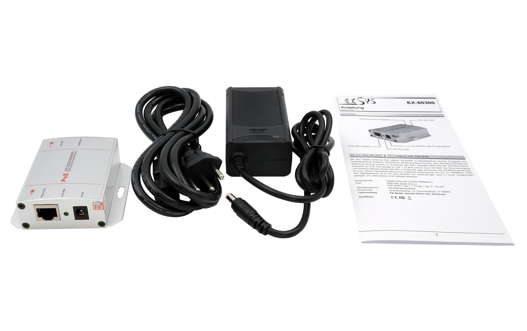 EXSYS EX-60300 PoE-Midspan – 30 W IEEE 802.3af/at, 2× RJ-45, Gigabit