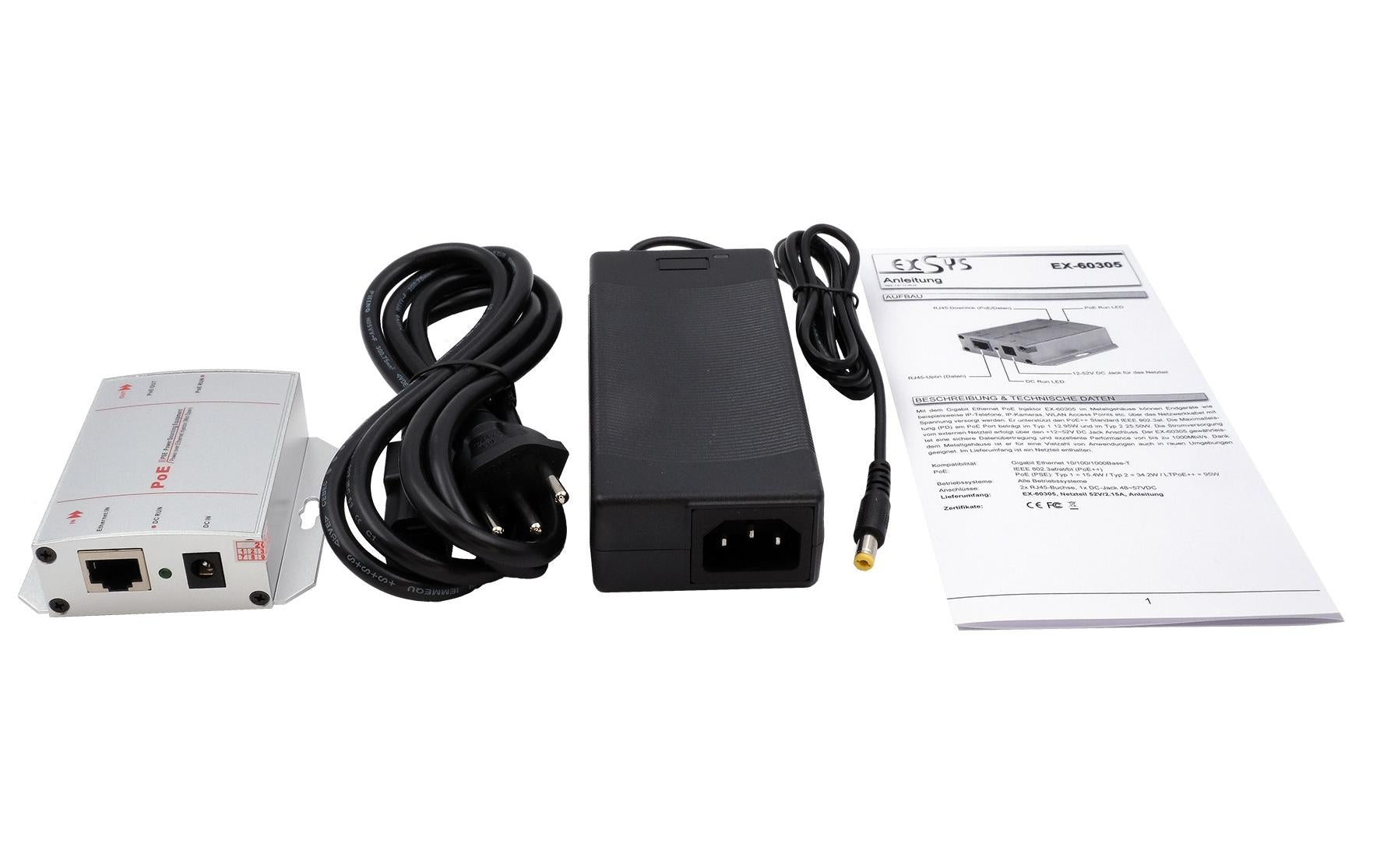 EXSYS EX-60305 PoE-Injektor – 90 W IEEE 802.3bt, 2× RJ-45 (Gigabit)