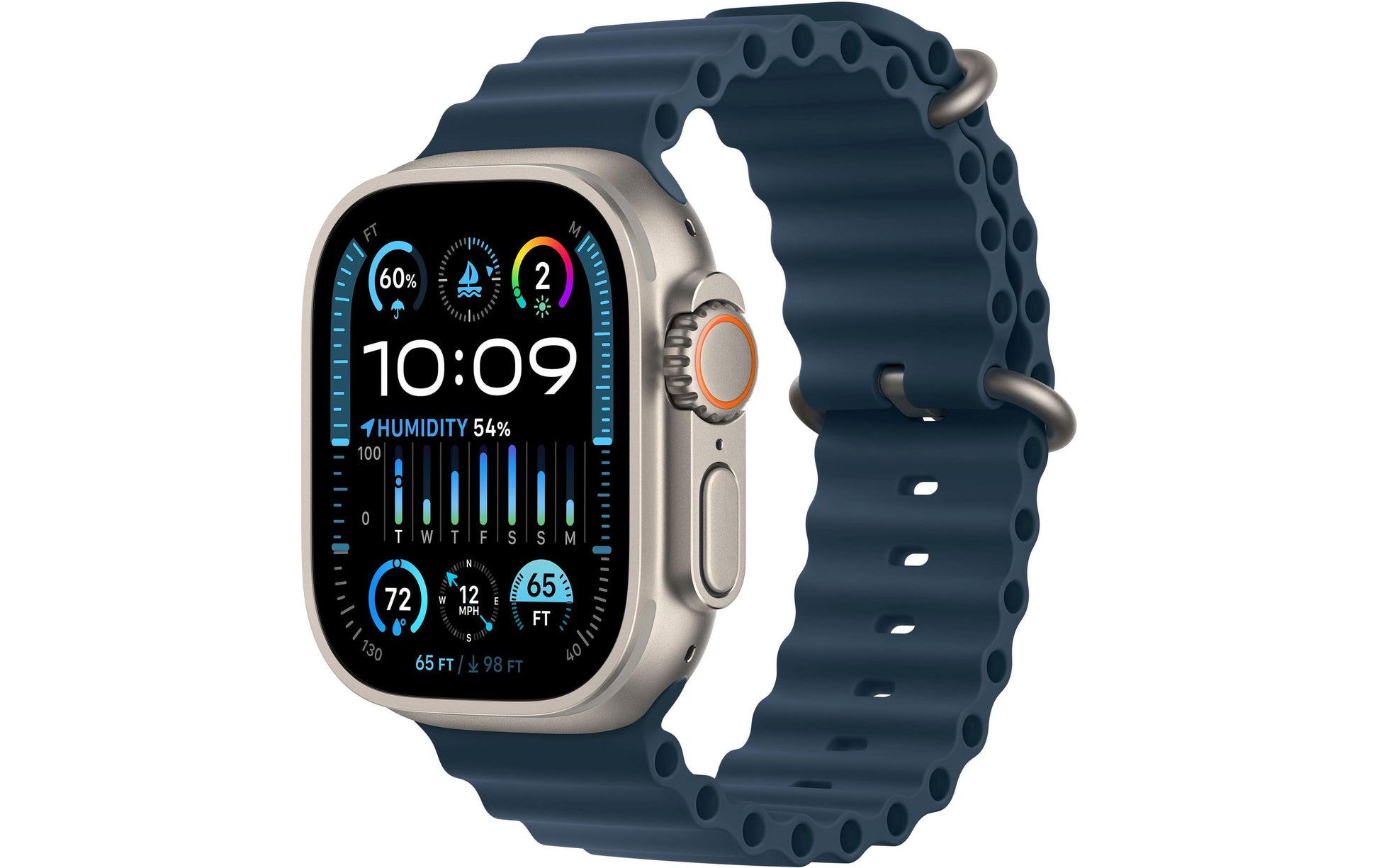 Apple Watch Ultra 2 – Smartwatch – 49 mm, LTE, OLED, Saphirglas, 100 m, Titan, Blue Ocean-Armband