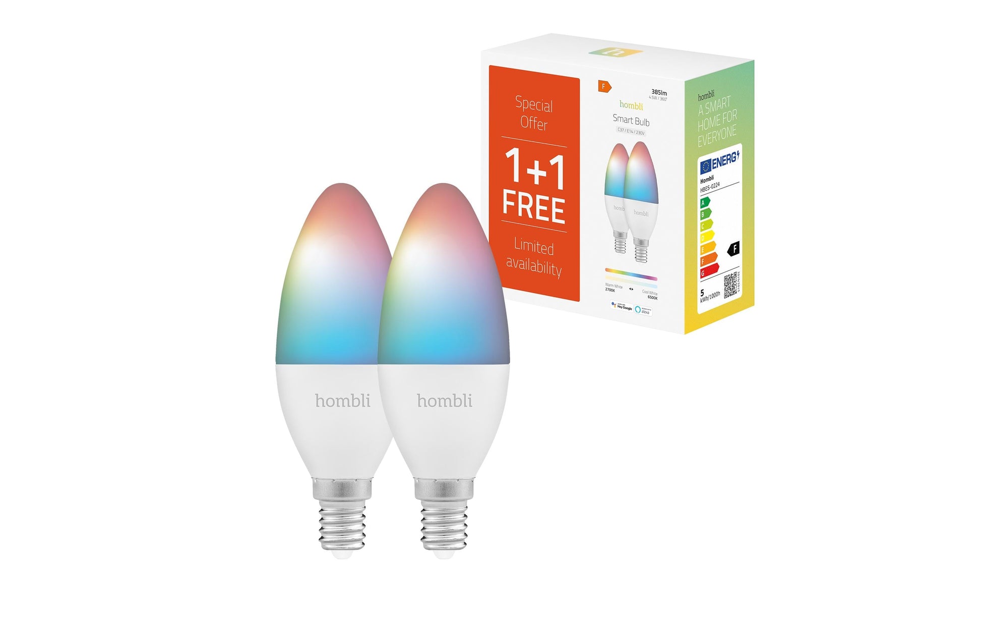 Hombli Smart-Leuchtmittel E14 HBPP-0111 – 380 lm, 2700–6500 K/mehrfarbig, WLAN/App, dimmbar – 2er-Pack