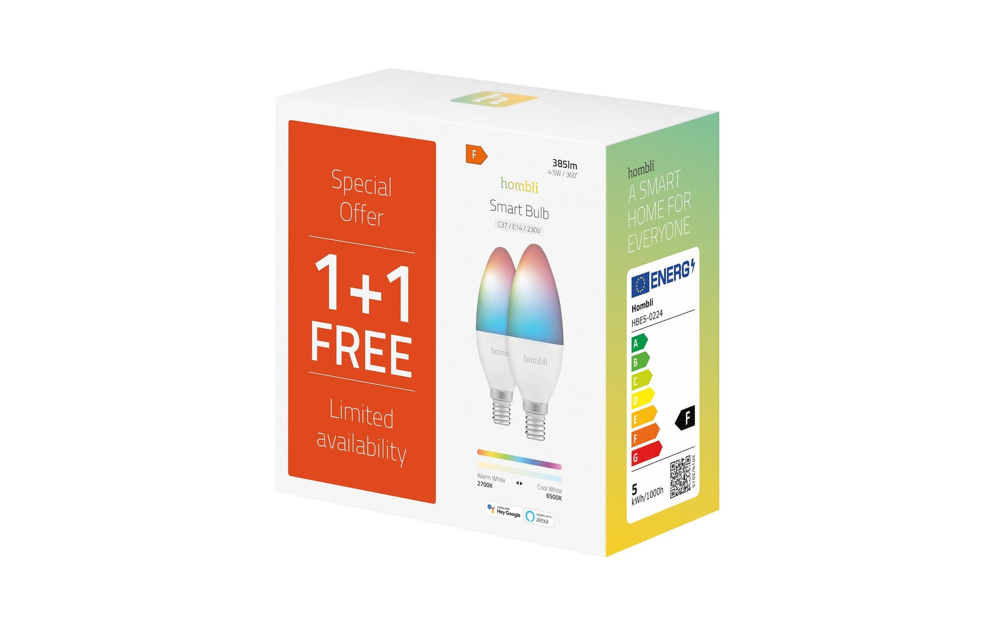 Hombli Smart-Leuchtmittel E14 HBPP-0111 – 380 lm, 2700–6500 K/mehrfarbig, WLAN/App, dimmbar – 2er-Pack