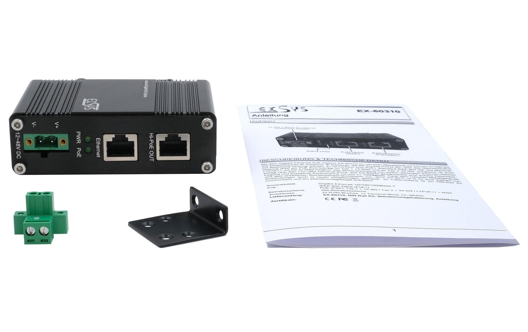 EXSYS EX-60310 PoE-Injektor – 60 W (IEEE 802.3af/at/bt), Gigabit, 2× RJ-45