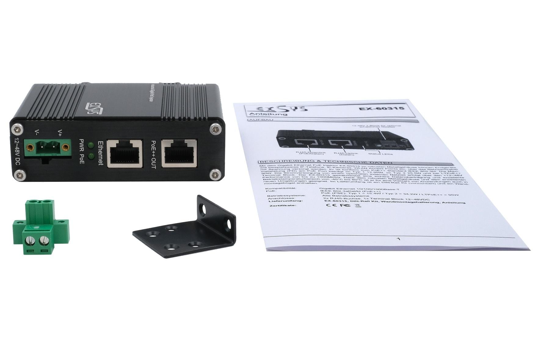 EXSYS EX-60315 PoE Midspan – 90 W IEEE 802.3bt, PoE++, Gigabit, 1× In / 1× Out RJ-45, IP40