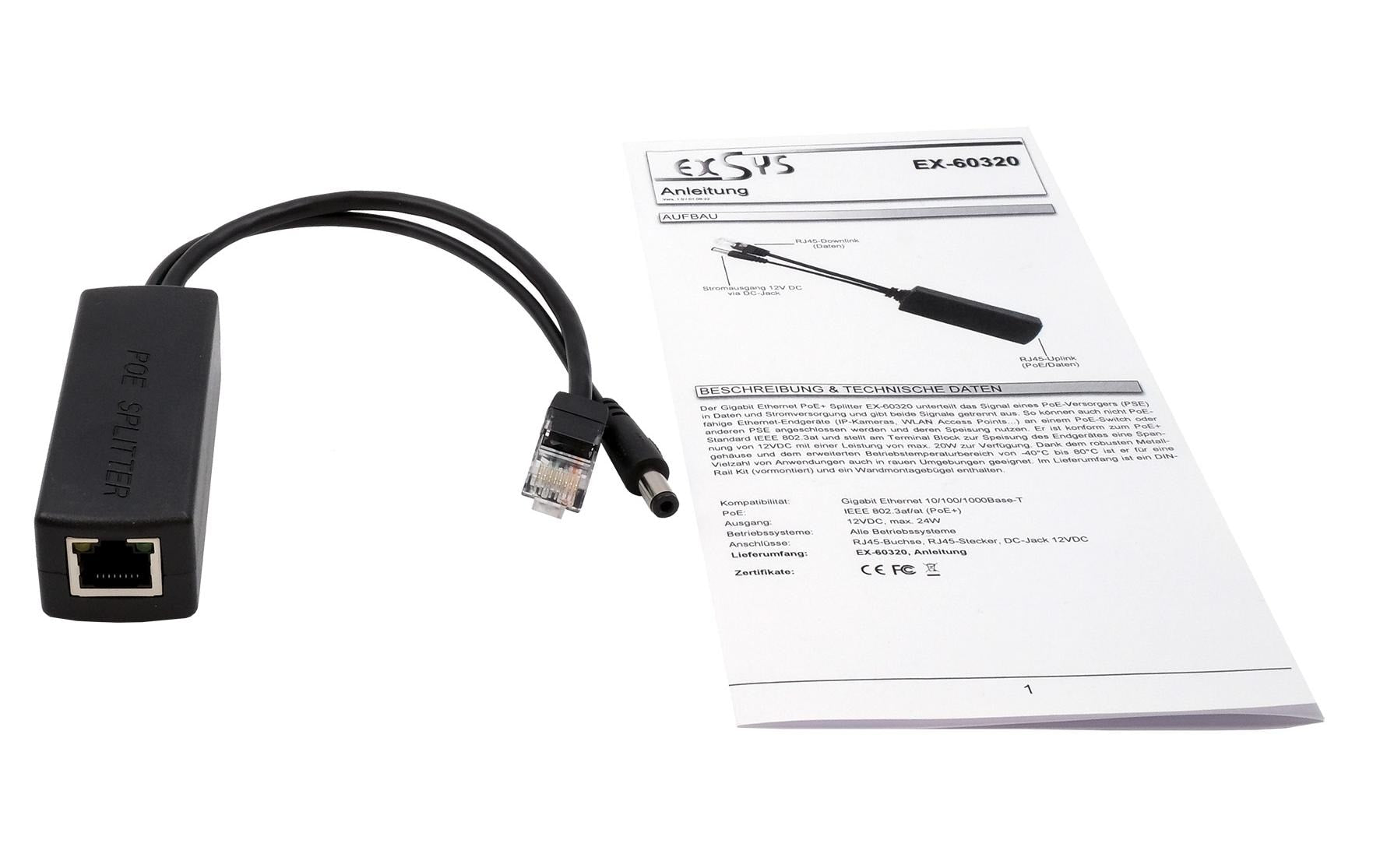 EXSYS EX-60320 PoE-Splitter – 10/100, IEEE 802.3af (PoE), 21 W, 1× RJ-45