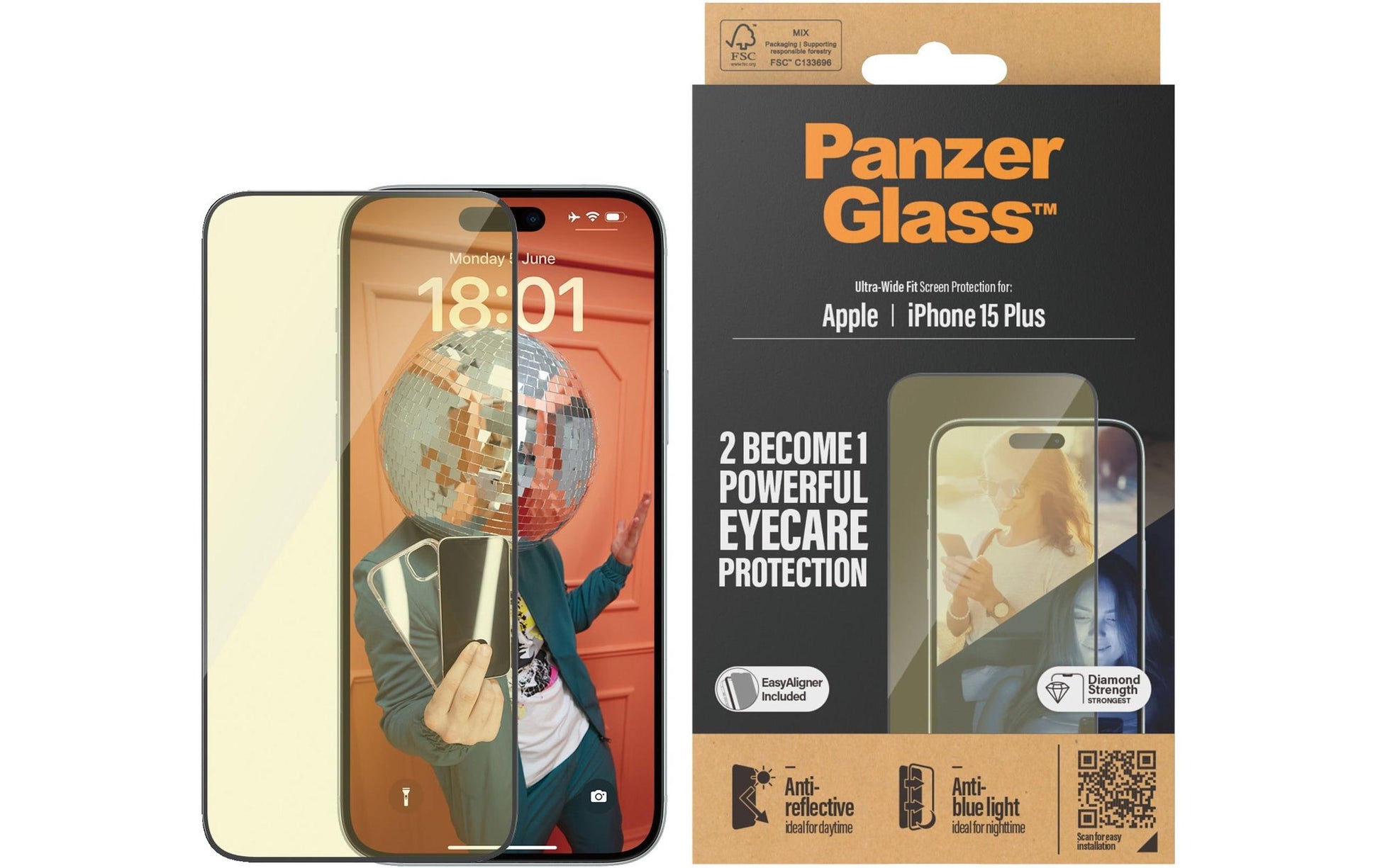 PanzerGlass Displayschutz (Panzerglas), Ultra‑Wide Fit – für iPhone 15 Plus – mit Applikator