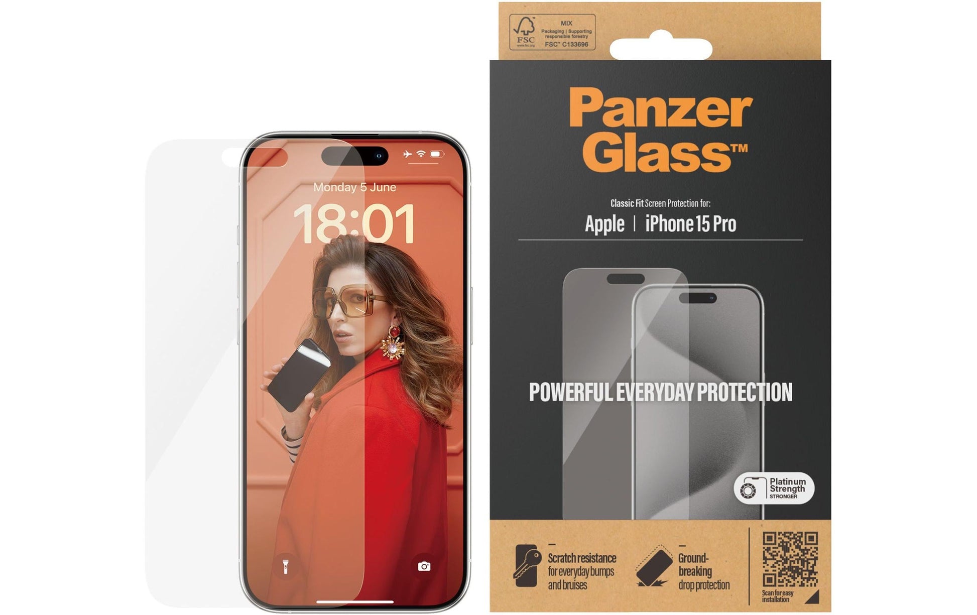 PanzerGlass Displayschutz, gehärtetes Glas, transparent – für Apple iPhone 15 Pro – 1er-Pack