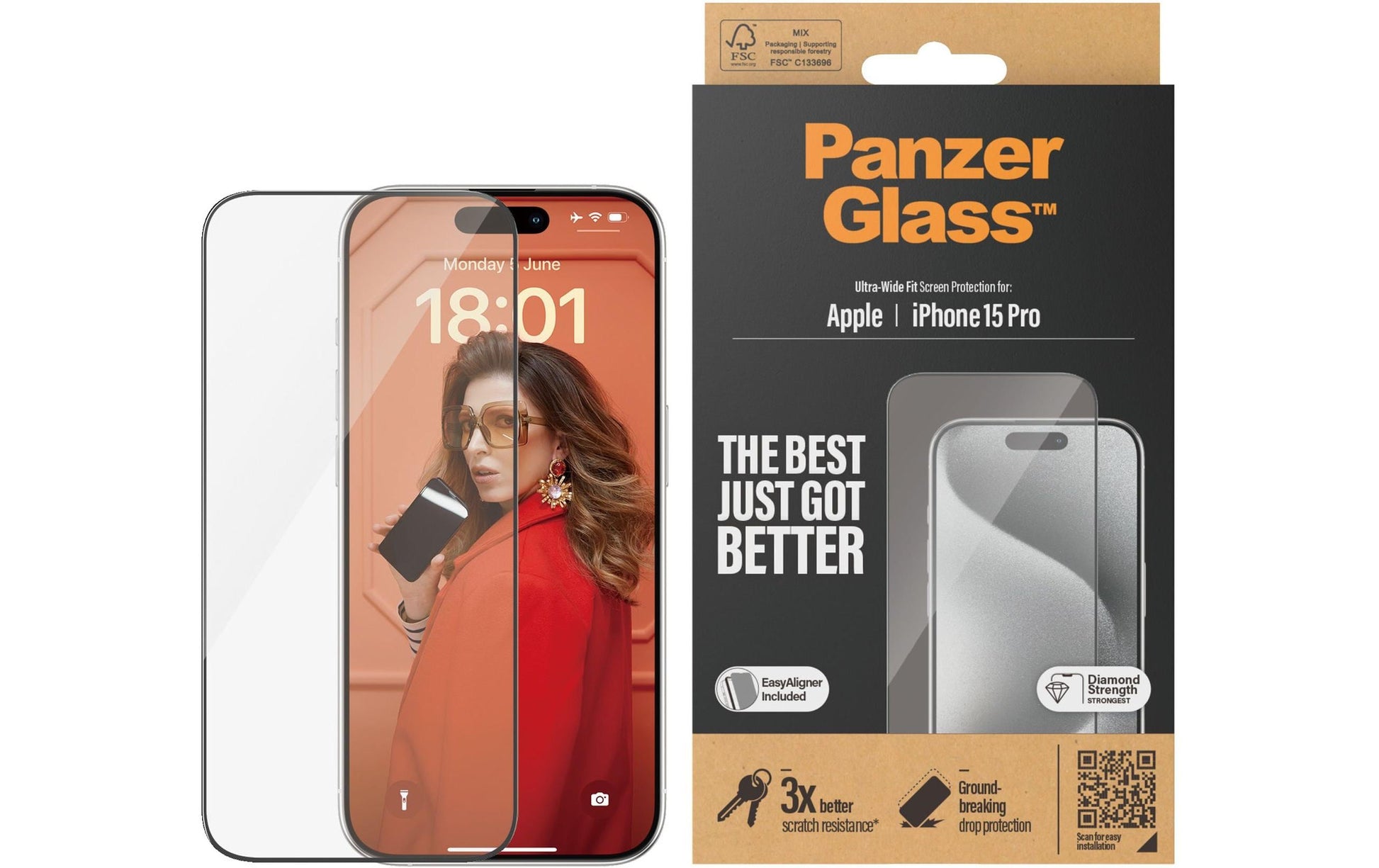 PanzerGlass Displayschutz (Panzerglas), Ultra-Wide Fit – für iPhone 15 Pro – mit Applikator