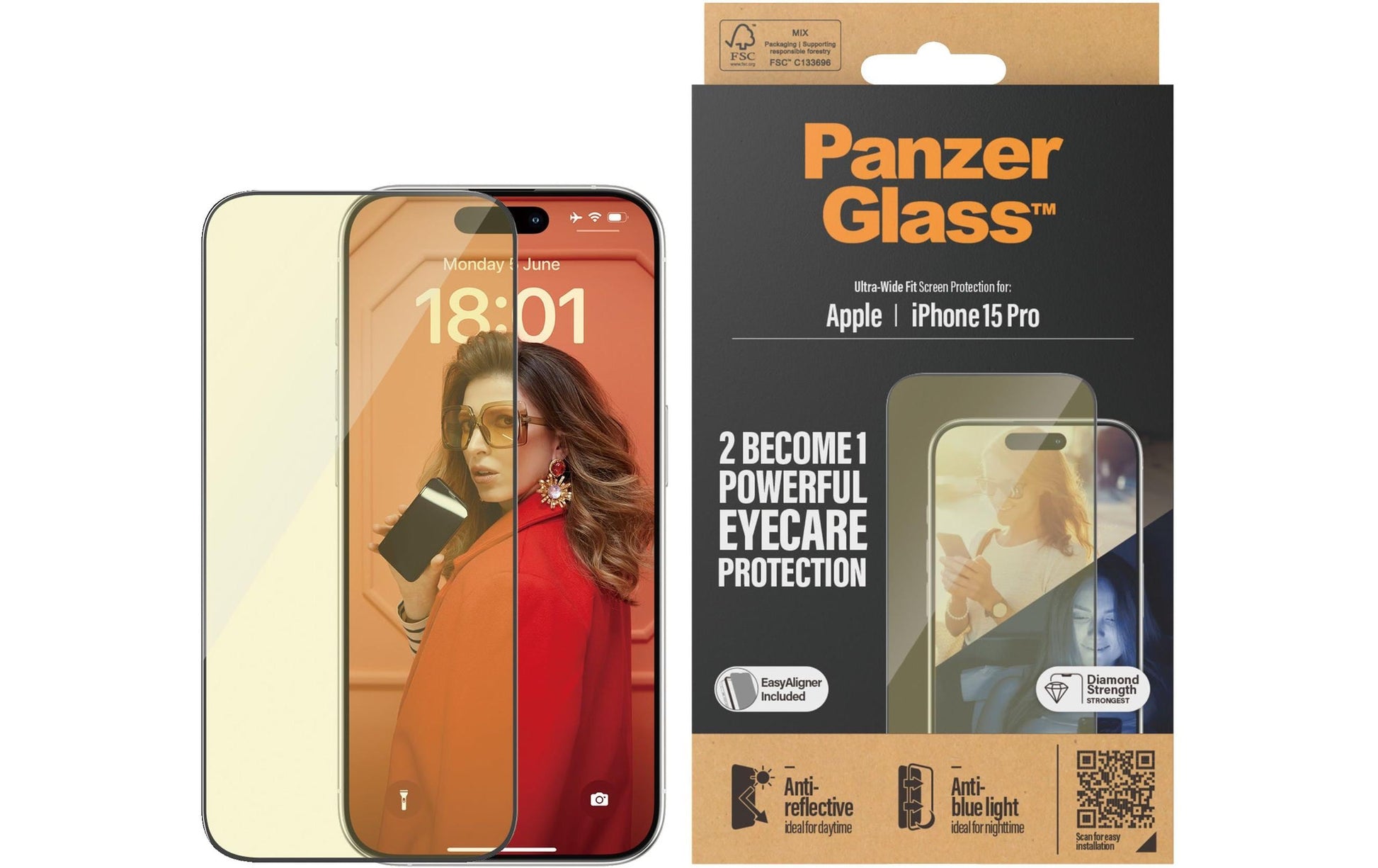 PanzerGlass Displayschutz (Panzerglas), Ultra-Wide Fit – für iPhone 15 Pro – mit Applikator
