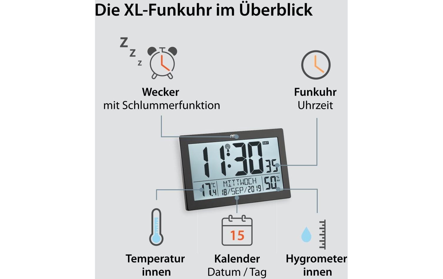 ADE Digitale Wanduhr – Funk – 19,3 × 3,3 × 14,5 cm, Schwarz, Kunststoff