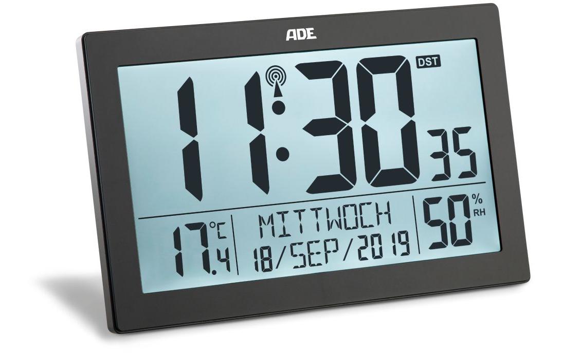 ADE Digitale Wanduhr – Funk – 19,3 × 3,3 × 14,5 cm, Schwarz, Kunststoff
