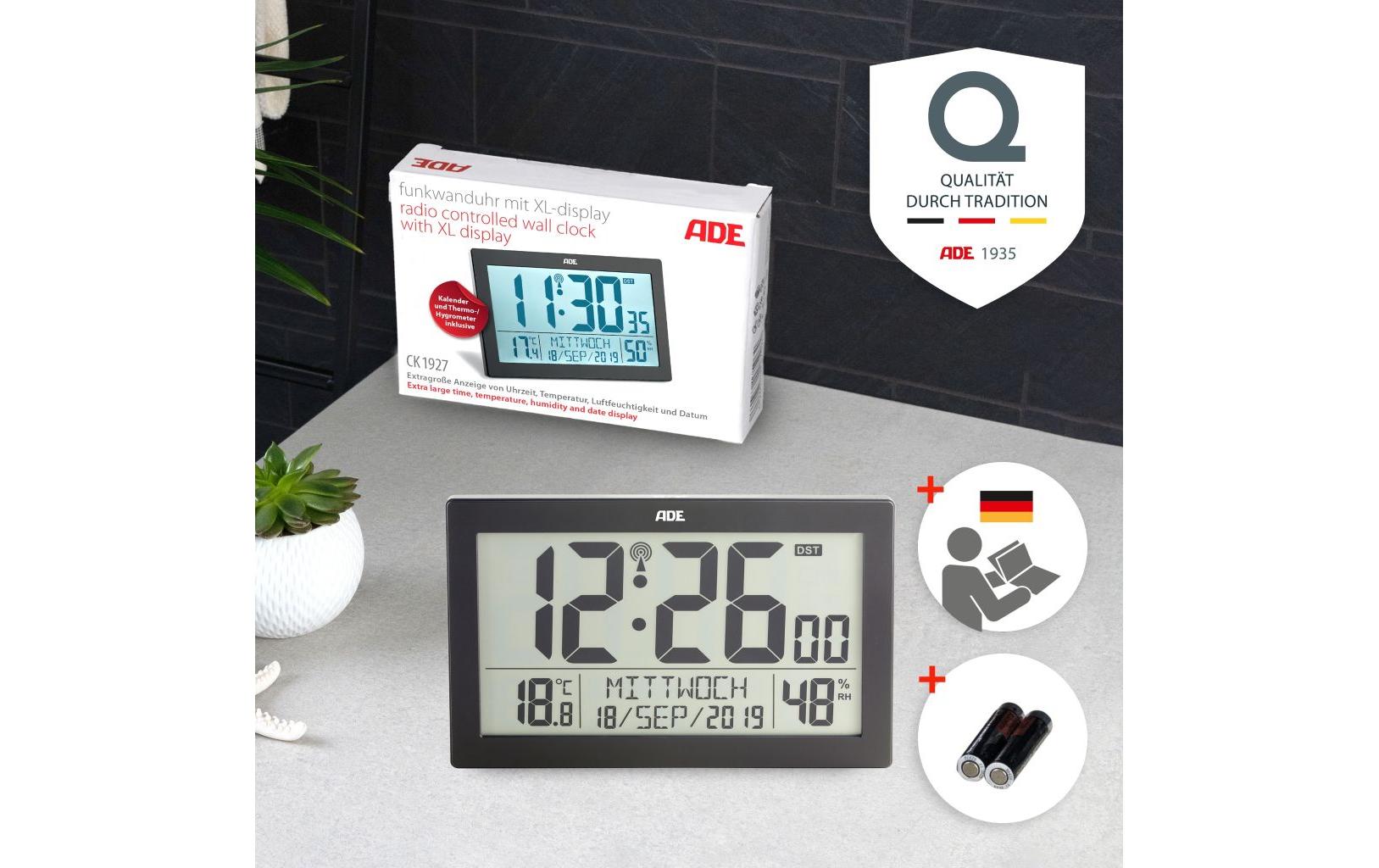 ADE Digitale Wanduhr – Funk – 19,3 × 3,3 × 14,5 cm, Schwarz, Kunststoff