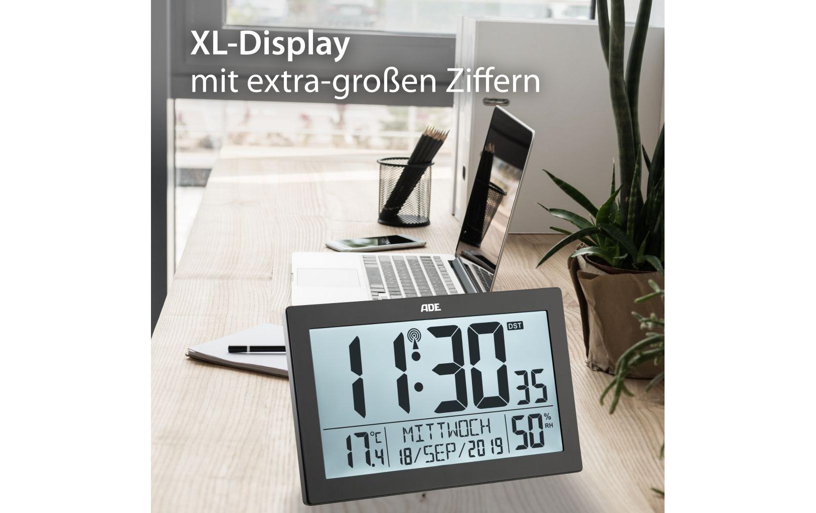 ADE Digitale Wanduhr – Funk – 19,3 × 3,3 × 14,5 cm, Schwarz, Kunststoff