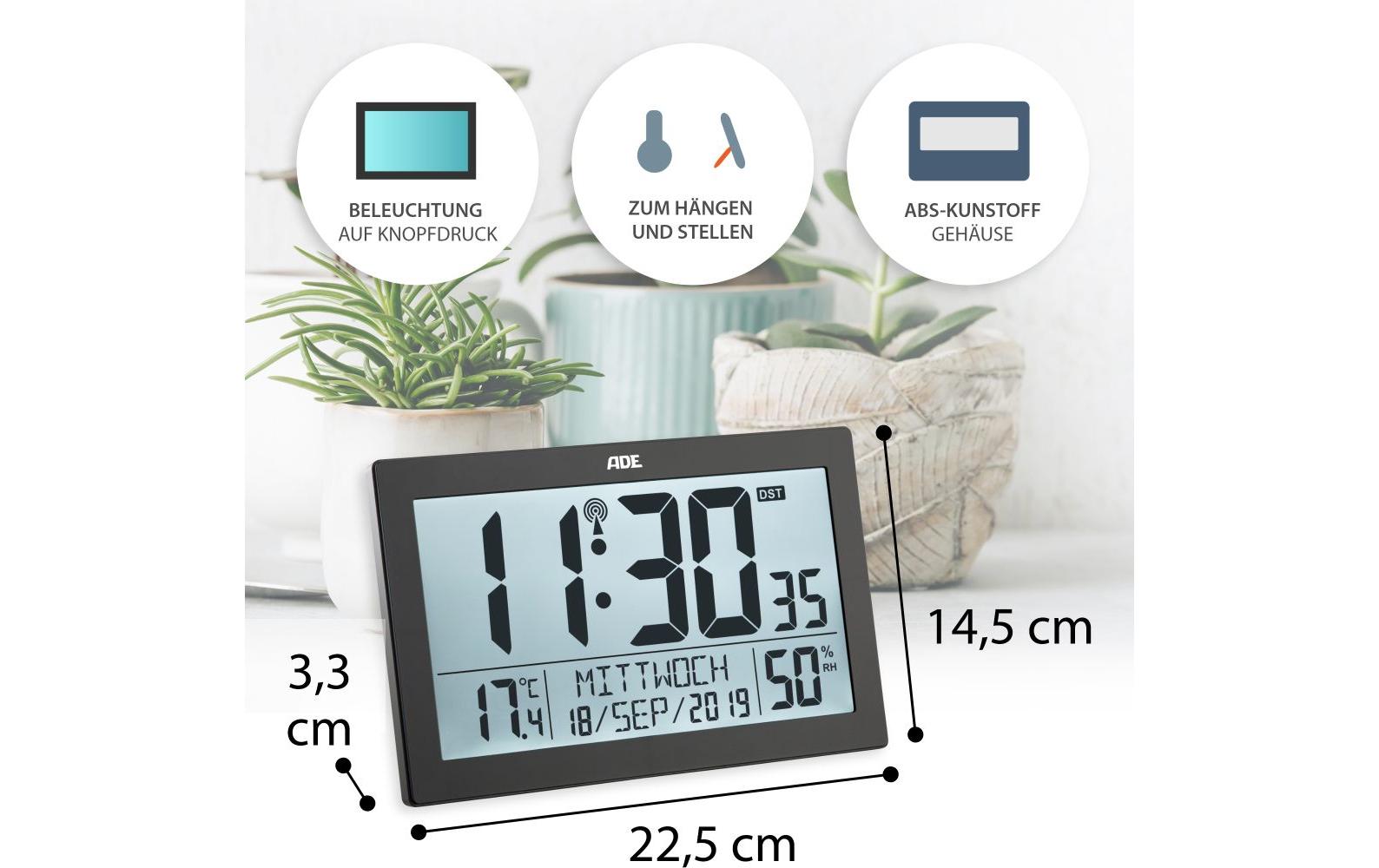 ADE Digitale Wanduhr – Funk – 19,3 × 3,3 × 14,5 cm, Schwarz, Kunststoff