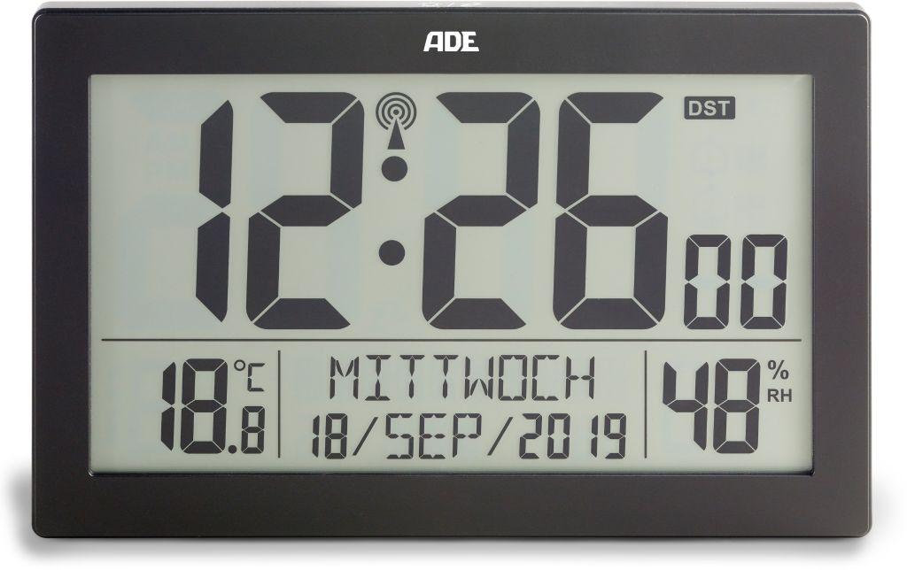 ADE Digitale Wanduhr – Funk – 19,3 × 3,3 × 14,5 cm, Schwarz, Kunststoff