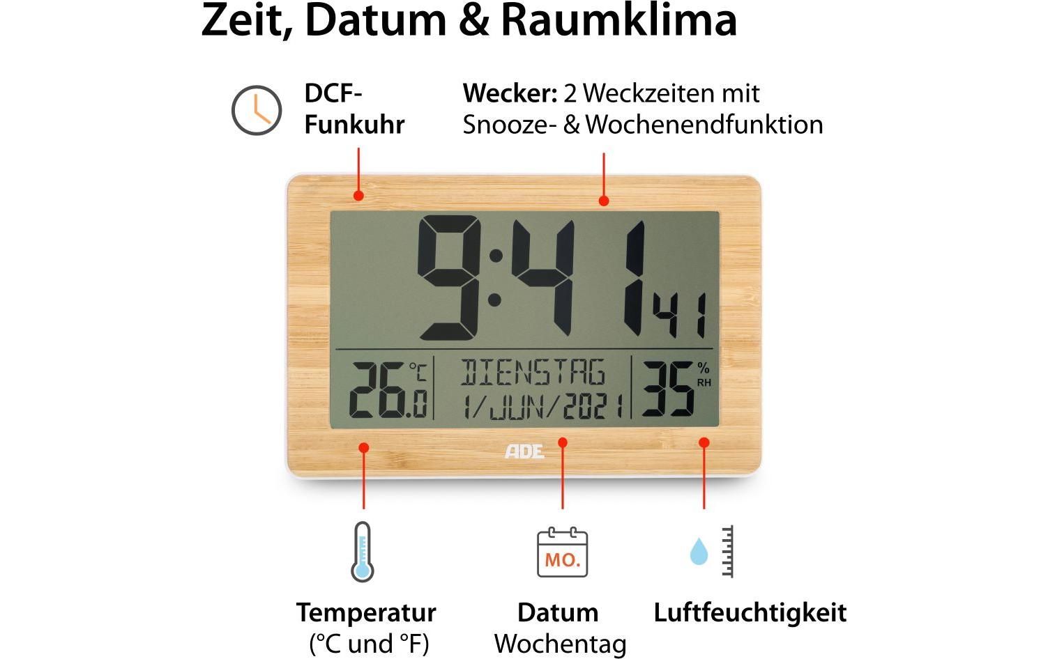 ADE Wecker CK2113 – Funk – Digital – 16,7 × 3 × 13 cm, Bambus-Weiss, Thermometer, Kalender