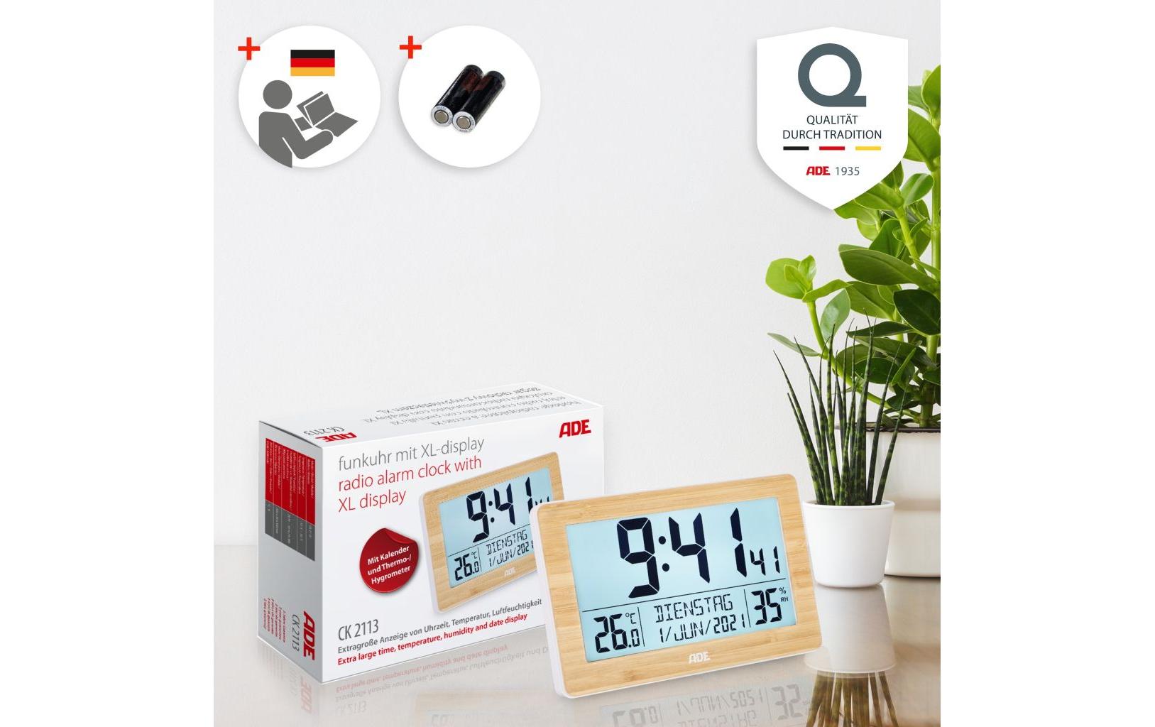 ADE Wecker CK2113 – Funk – Digital – 16,7 × 3 × 13 cm, Bambus-Weiss, Thermometer, Kalender