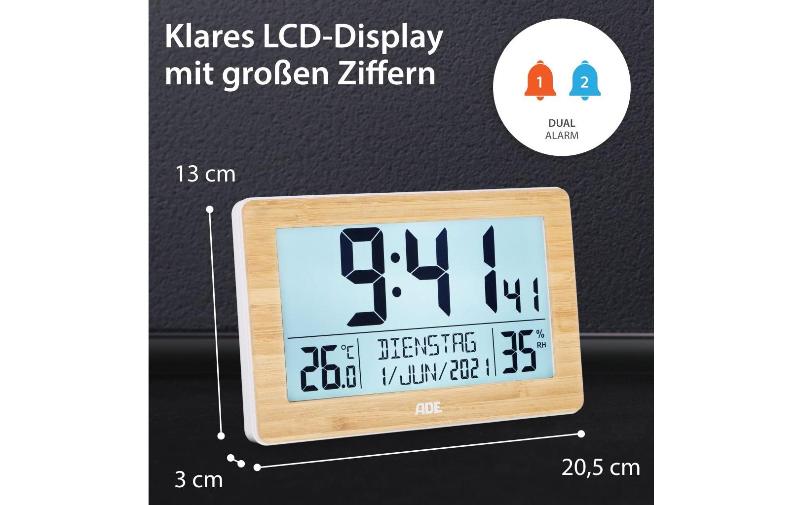 ADE Wecker CK2113 – Funk – Digital – 16,7 × 3 × 13 cm, Bambus-Weiss, Thermometer, Kalender