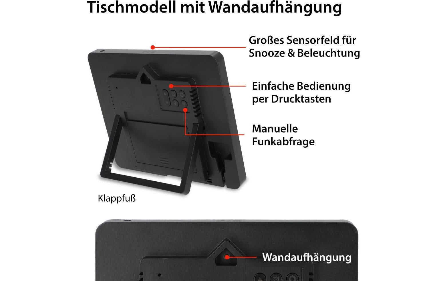 ADE Wecker CK2301 Funk – digital – 22,5 × 4,0 × 14,5 cm, schwarz, Kunststoff, Schlummerfunktion