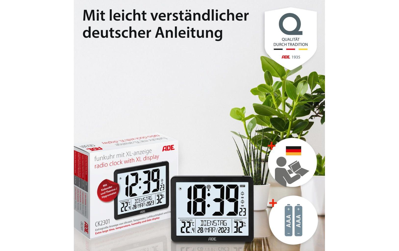 ADE Wecker CK2301 Funk – digital – 22,5 × 4,0 × 14,5 cm, schwarz, Kunststoff, Schlummerfunktion