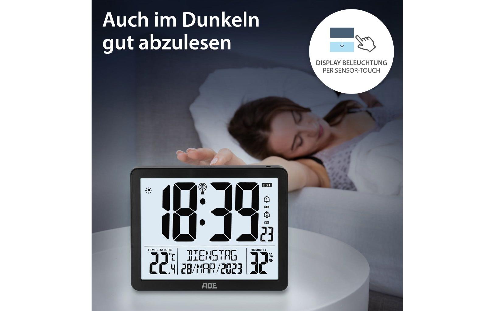 ADE Wecker CK2301 Funk – digital – 22,5 × 4,0 × 14,5 cm, schwarz, Kunststoff, Schlummerfunktion
