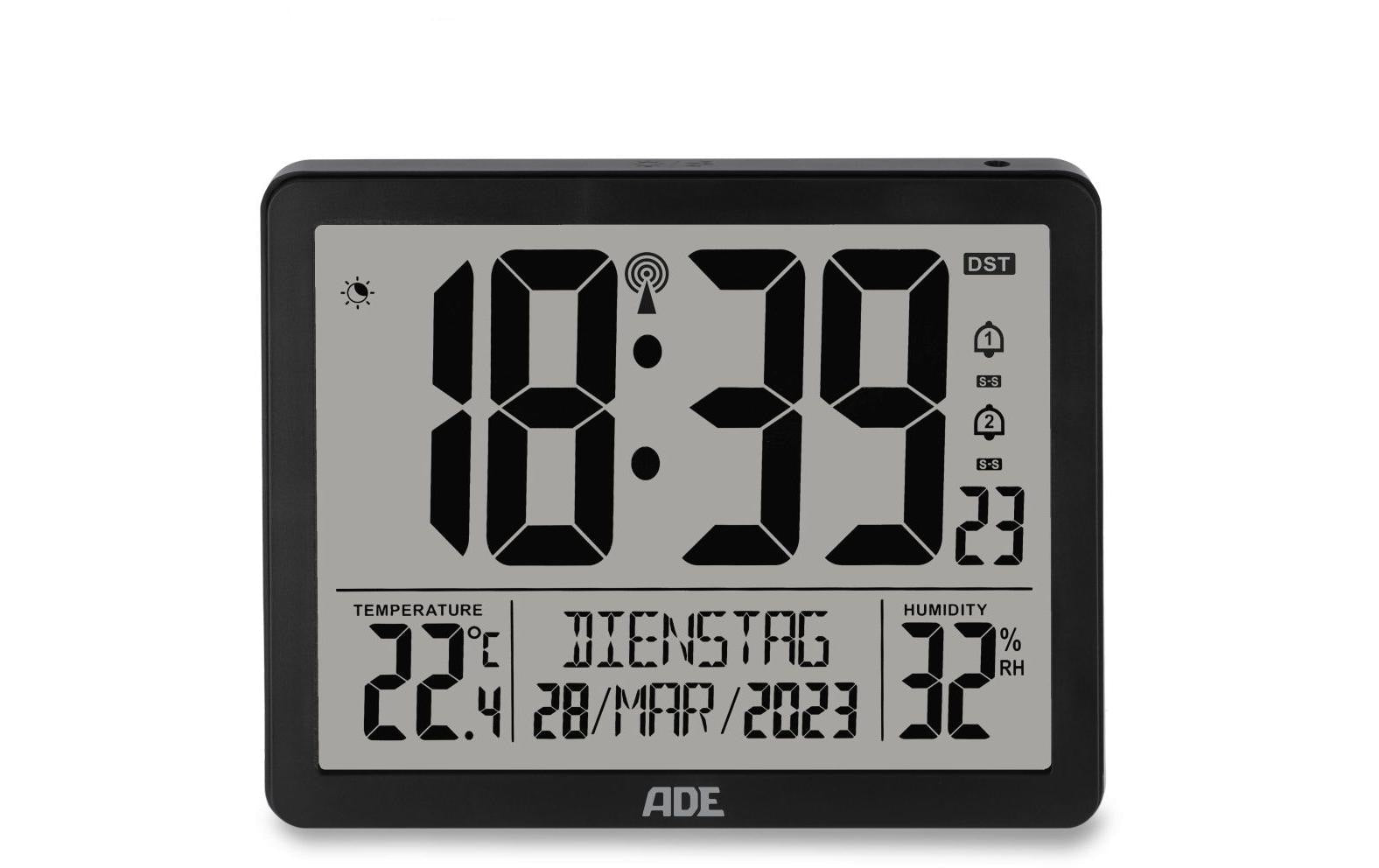 ADE Wecker CK2301 Funk – digital – 22,5 × 4,0 × 14,5 cm, schwarz, Kunststoff, Schlummerfunktion