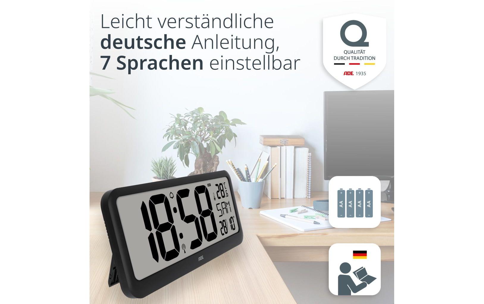 ADE Digitalwecker – Funk, Thermometer, 37,1 × 16,9 × 2,5 cm, Schwarz