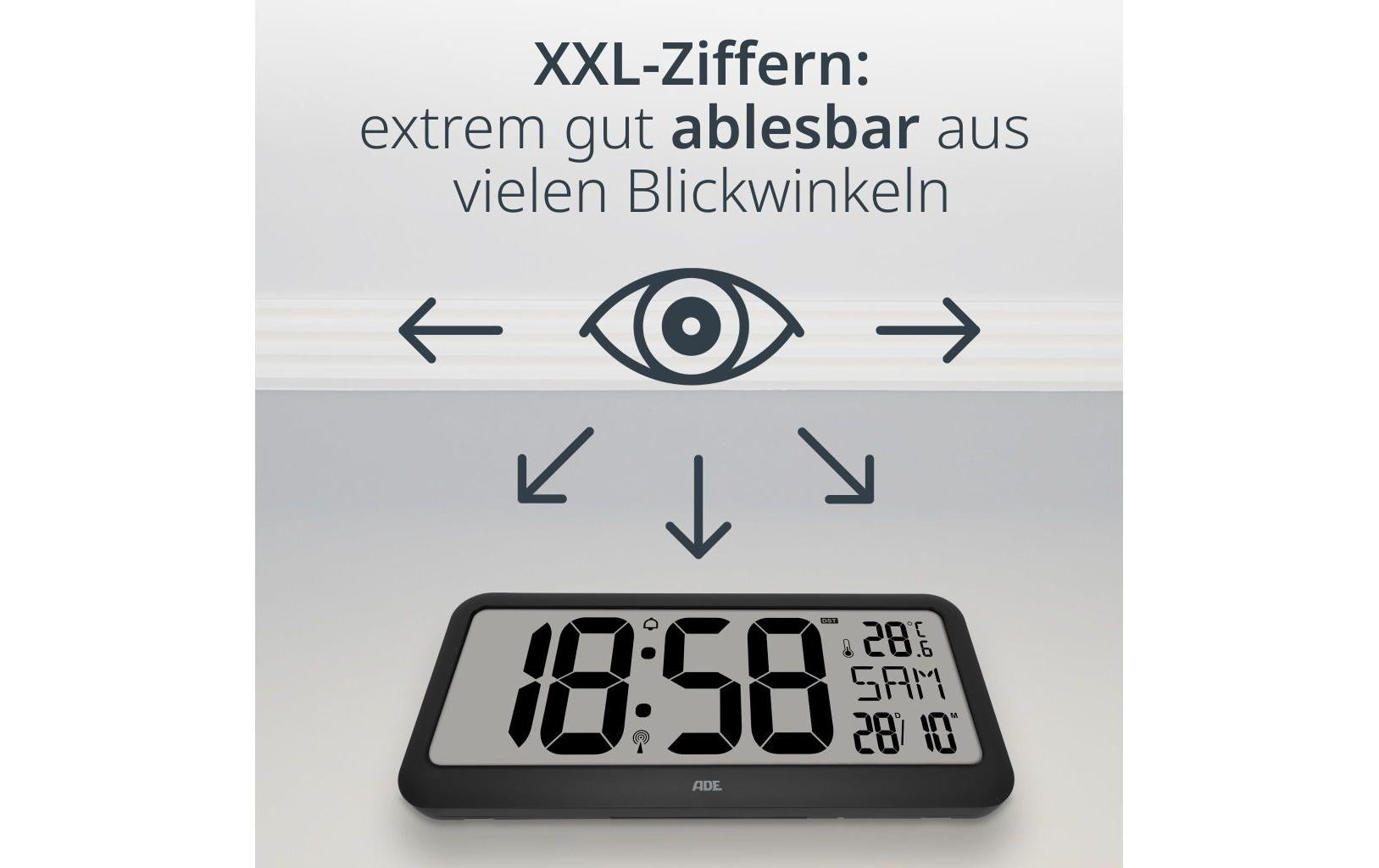 ADE Digitalwecker – Funk, Thermometer, 37,1 × 16,9 × 2,5 cm, Schwarz