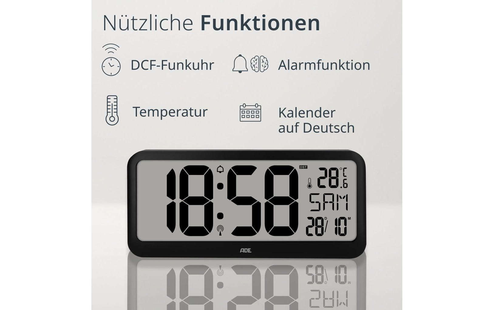 ADE Digitalwecker – Funk, Thermometer, 37,1 × 16,9 × 2,5 cm, Schwarz