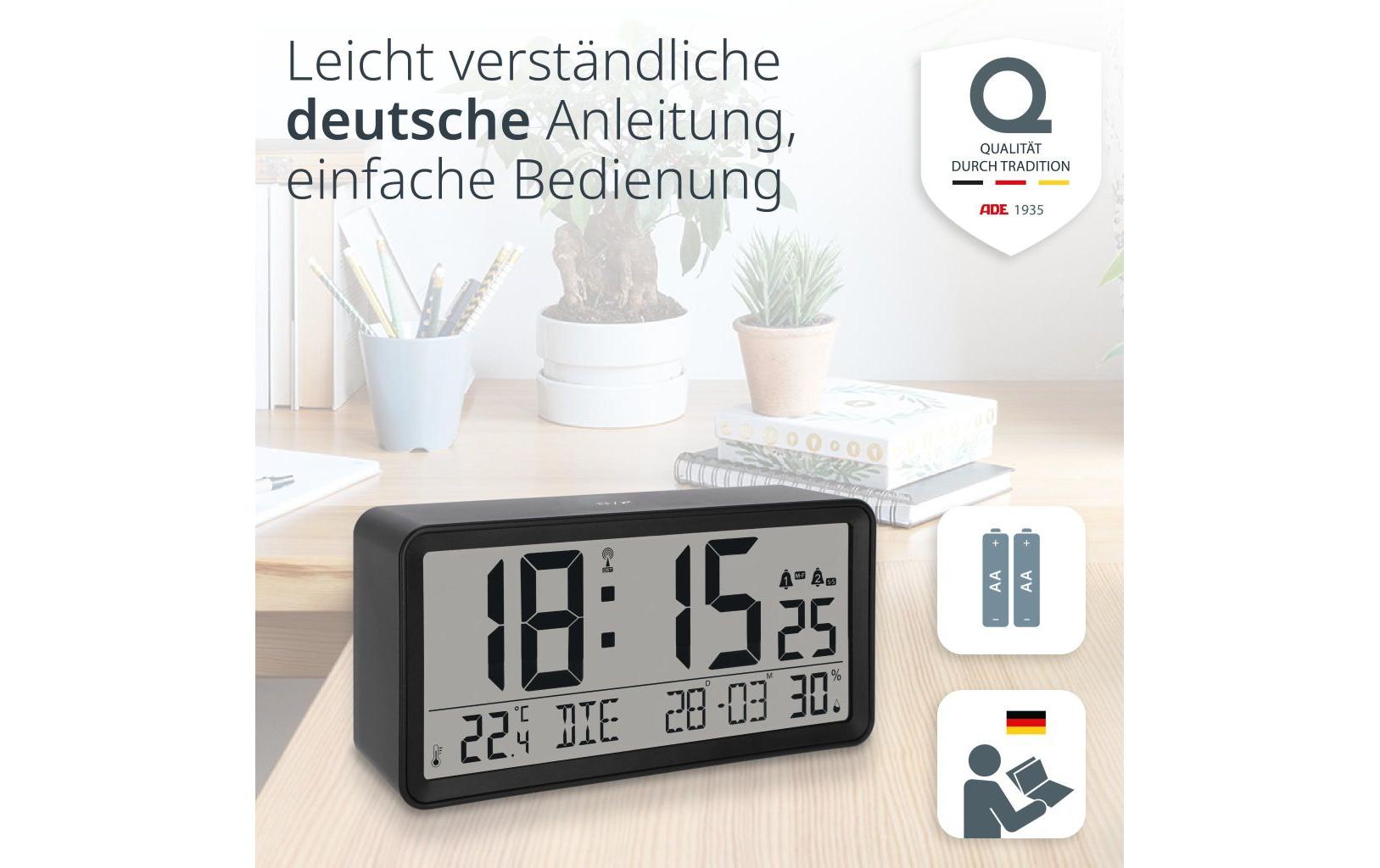 ADE CK2303 Digitalwecker – Funk, Schlummerfunktion, Thermometer, 18,8 × 9,2 × 4,9 cm, Schwarz