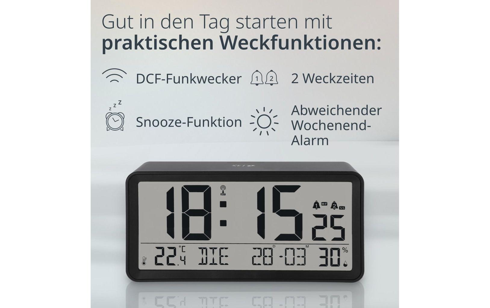 ADE CK2303 Digitalwecker – Funk, Schlummerfunktion, Thermometer, 18,8 × 9,2 × 4,9 cm, Schwarz