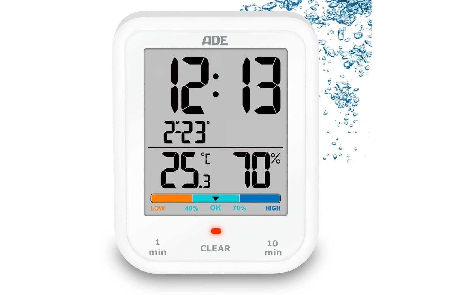 ADE Tischuhr – Digital, Thermometer/Hygrometer, wetterfest, 19,3 × 11,5 × 9,2 cm, weiss, Kunststoff