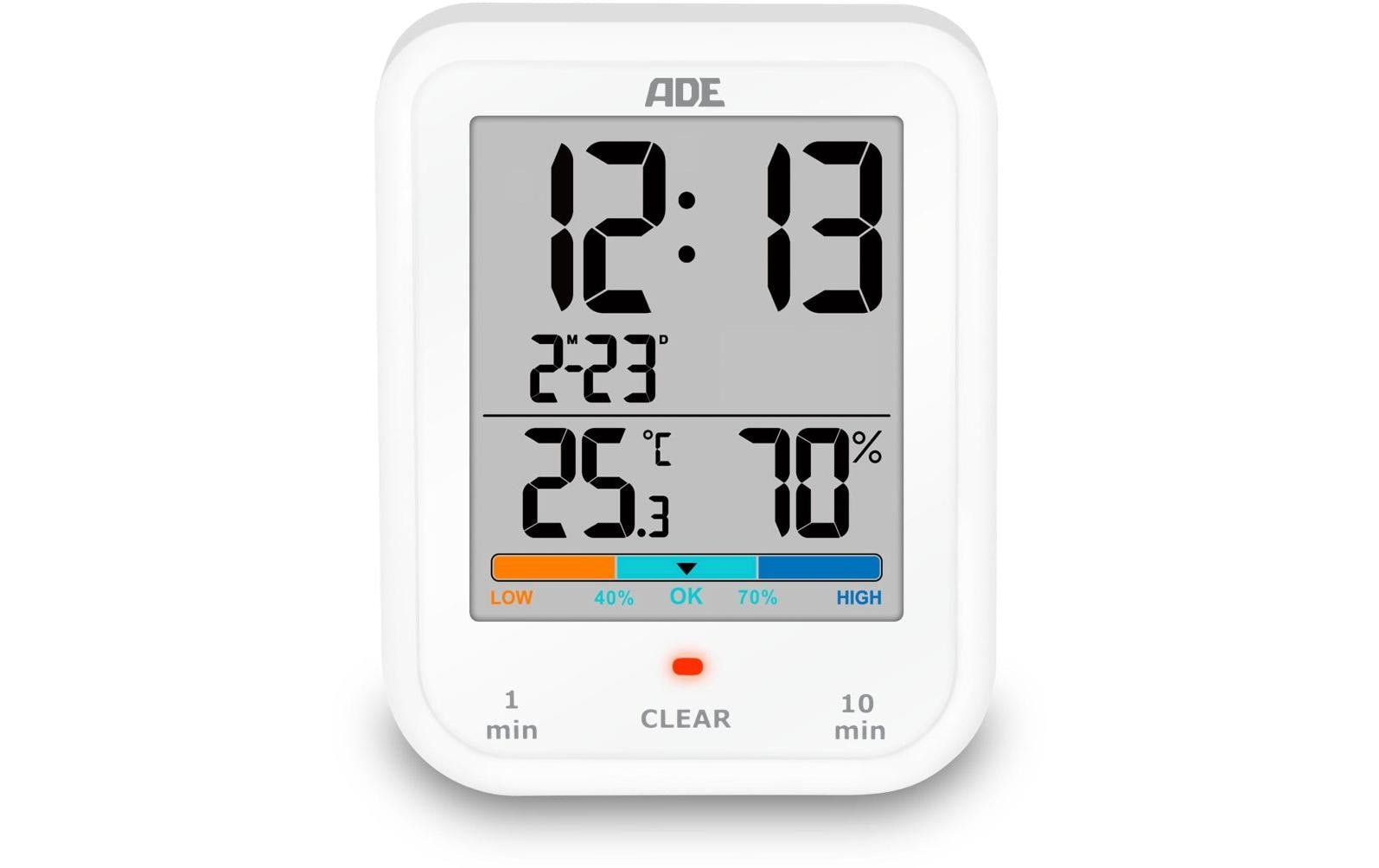 ADE Tischuhr – Digital, Thermometer/Hygrometer, wetterfest, 19,3 × 11,5 × 9,2 cm, weiss, Kunststoff