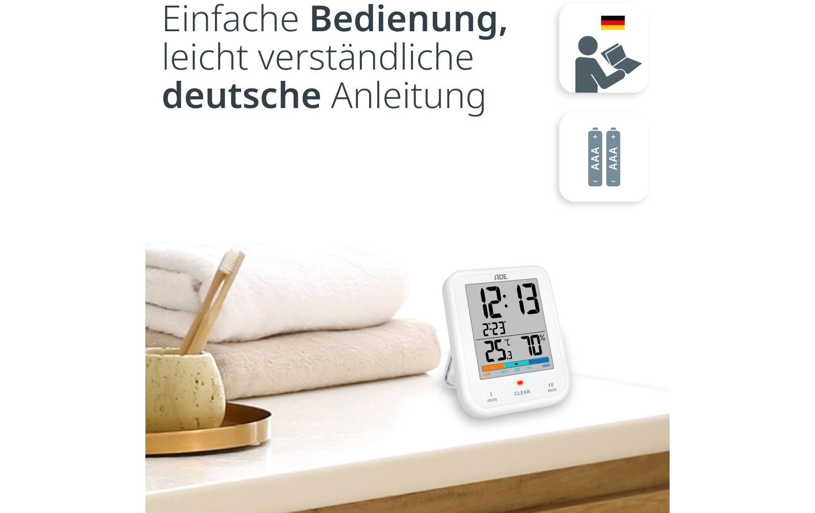 ADE Tischuhr – Digital, Thermometer/Hygrometer, wetterfest, 19,3 × 11,5 × 9,2 cm, weiss, Kunststoff