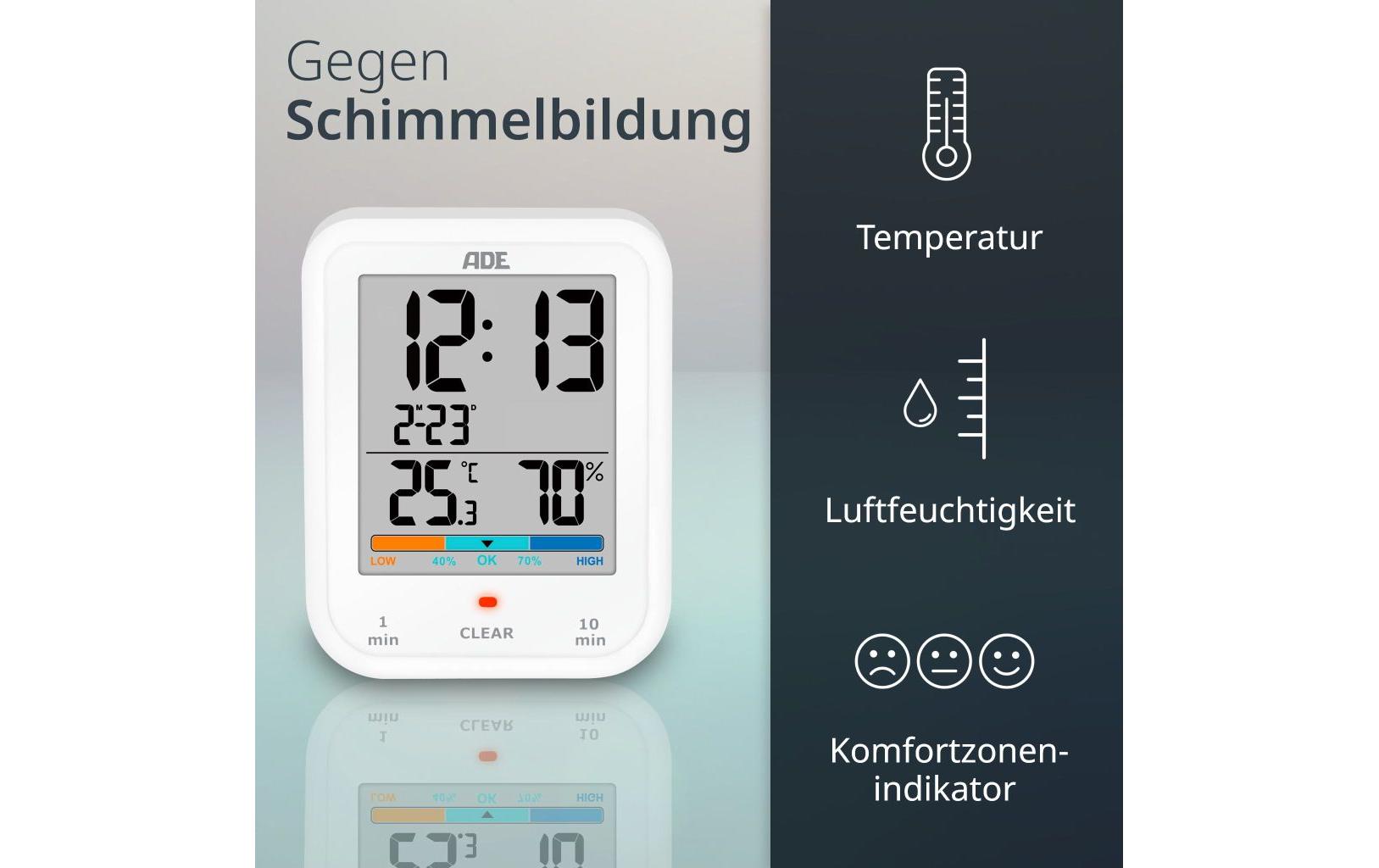 ADE Tischuhr – Digital, Thermometer/Hygrometer, wetterfest, 19,3 × 11,5 × 9,2 cm, weiss, Kunststoff